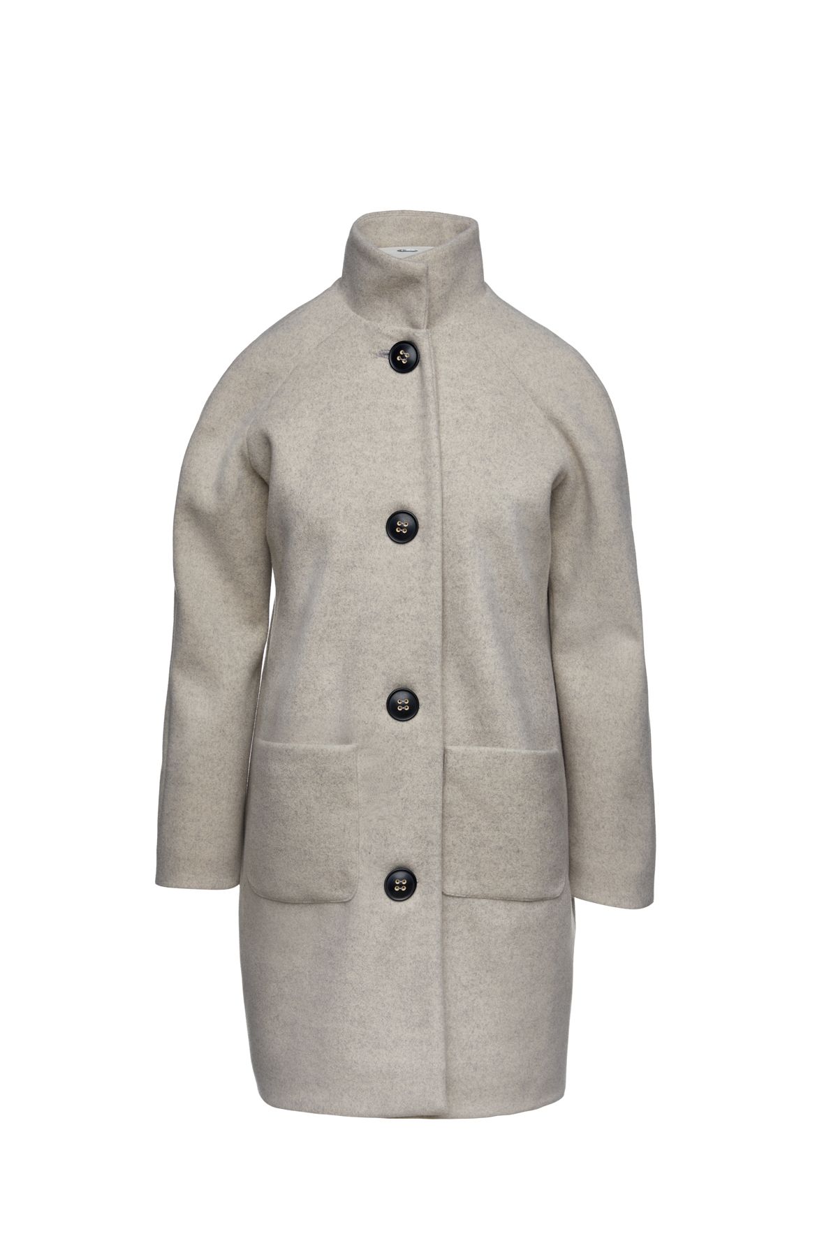 This sand colour mélange coat is crafted in mouflon fabric. It has raglan sleeves and an upright collar. There are two patch pockets in the front. The coat fastens in the front with 4 black buttons in natural material with ecru holes. It has a loose fit silhouette.  Our model is 176cm and is wearing size 36/S. Measurements for size 38/M (in cm): Shoulder -48, Chest-52, Waist-54, Bottom-56, Sleeve Length-52, Body length-92.