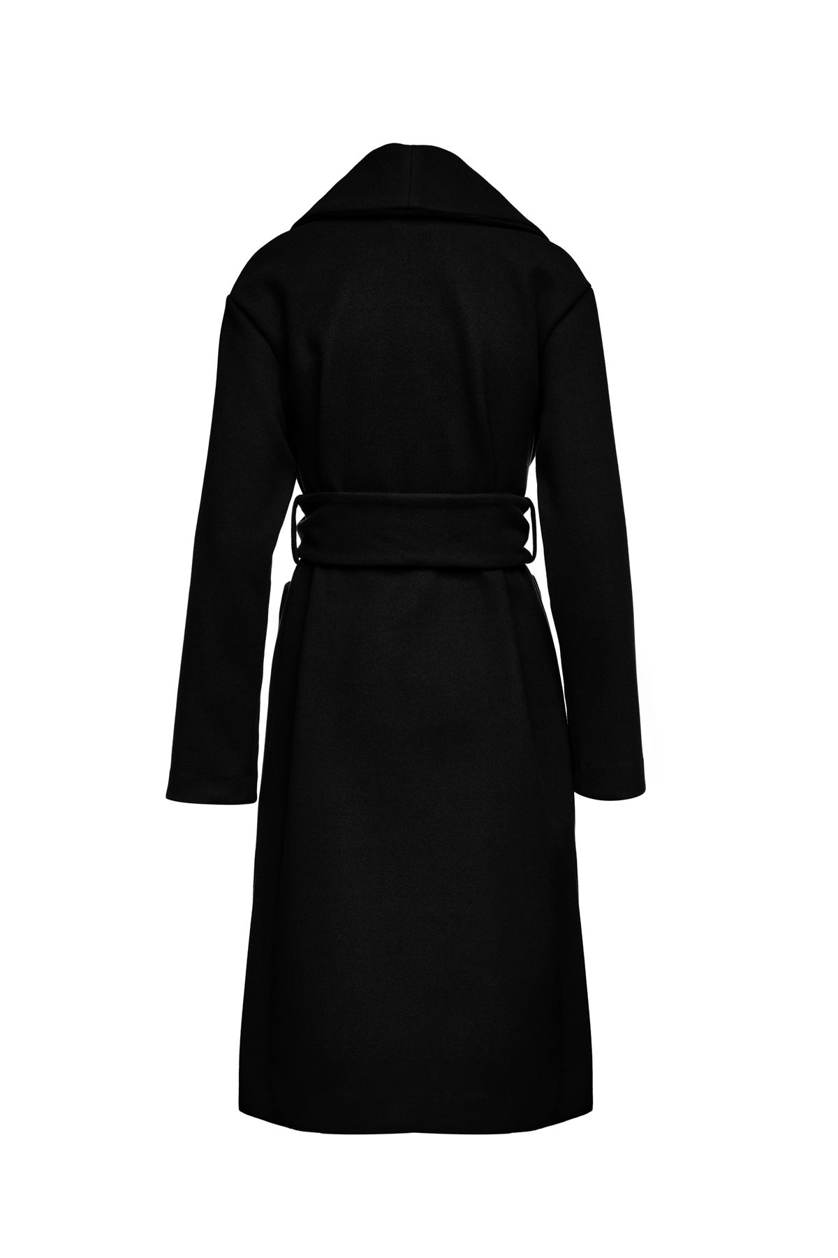 This long black coat is crafted in mouflon style fabric. There are large square patch pockets on either side. It has a large lapel and drop shoulders. The coat fastens in the front with 2 large black plastic buttons. At the waist it has belt loops on the left and right so that it can be worn with the 9cm wide belt which is in the same fabric. The coat has big slits on either side. It is styled in a straight silhouette. This piece is ideal for wear in the day or for an evening out.