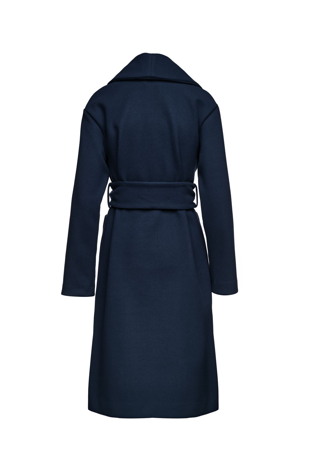 This long navy blue coat is crafted in mouflon style fabric. There are large square patch pockets on either side. It has a large lapel and drop shoulders. The coat fastens in the front with 2 large black plastic buttons. At the waist it has belt loops on the left and right so that it can be worn with the 9cm wide belt which is in the same fabric. The coat has big slits on either side. It is styled in a straight silhouette. This piece is ideal for wear in the day or for an evening out.