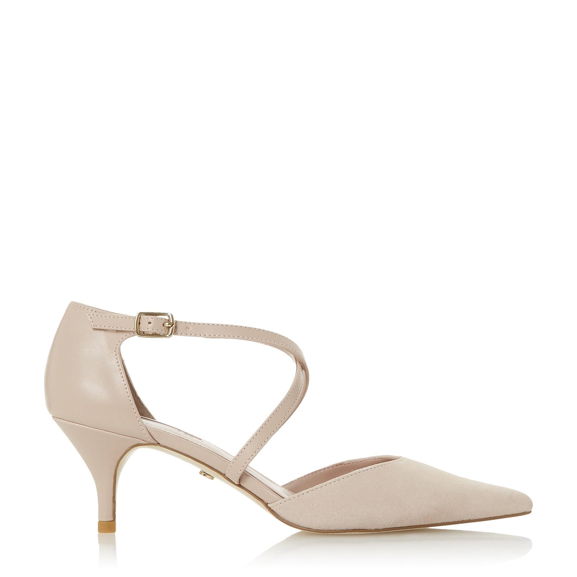This court from Dune London is a great day-to-evening choice. Resting on a slender mid kitten heel, it features cross-over straps. It's complete with a pointed toe and secured with a buckle fastening.