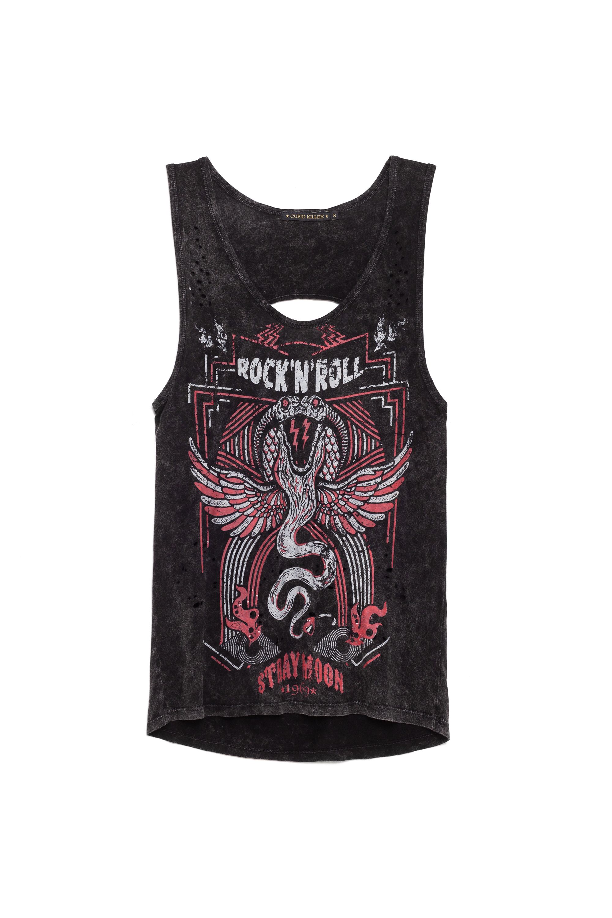 Tank top with open back and draped neckline. Unfinished edges, acid wash effect and worn print on front.