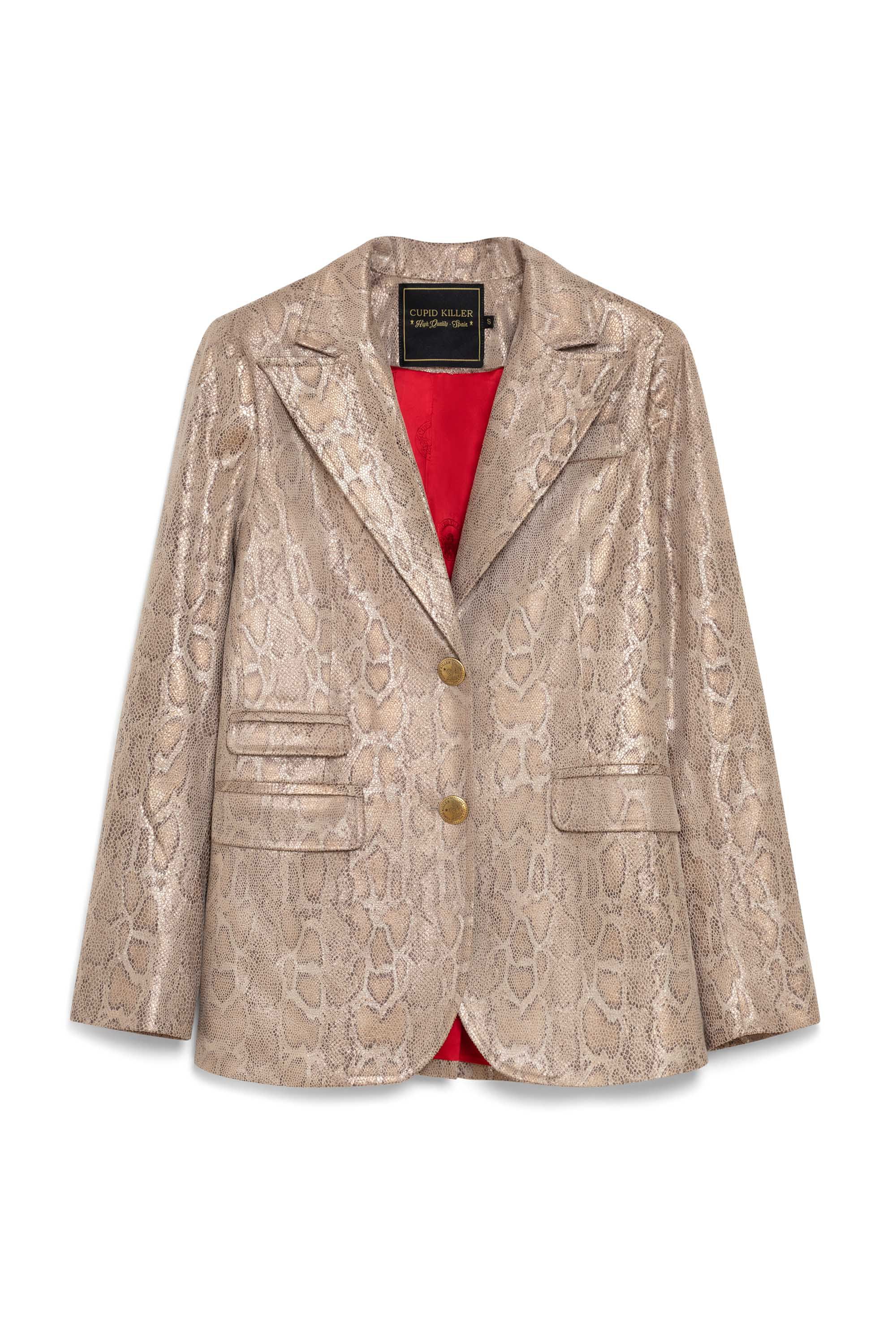 Snake  print straight cut blazer with maxi lapel and four pockets. With
customized buttons and linning.
