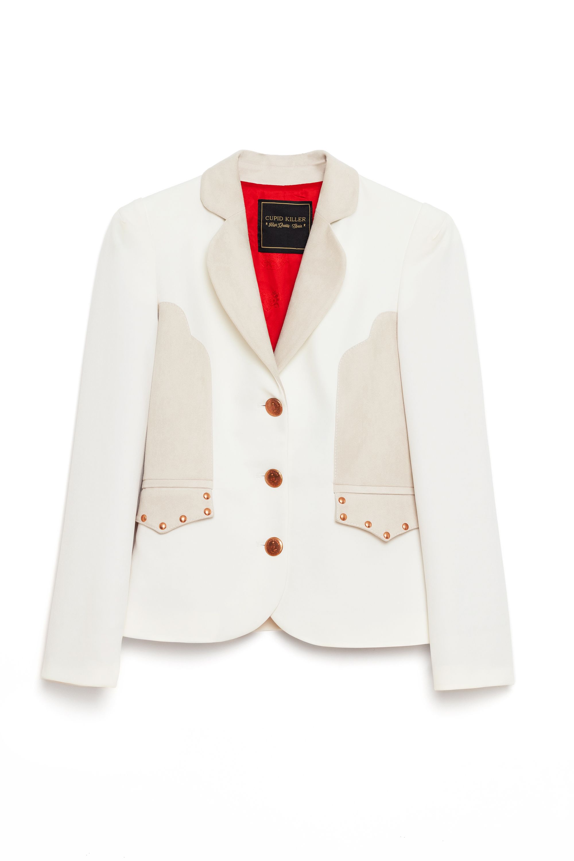 Cowboy style blazer combined with contrast suedette, personalized buttons and back yoke.