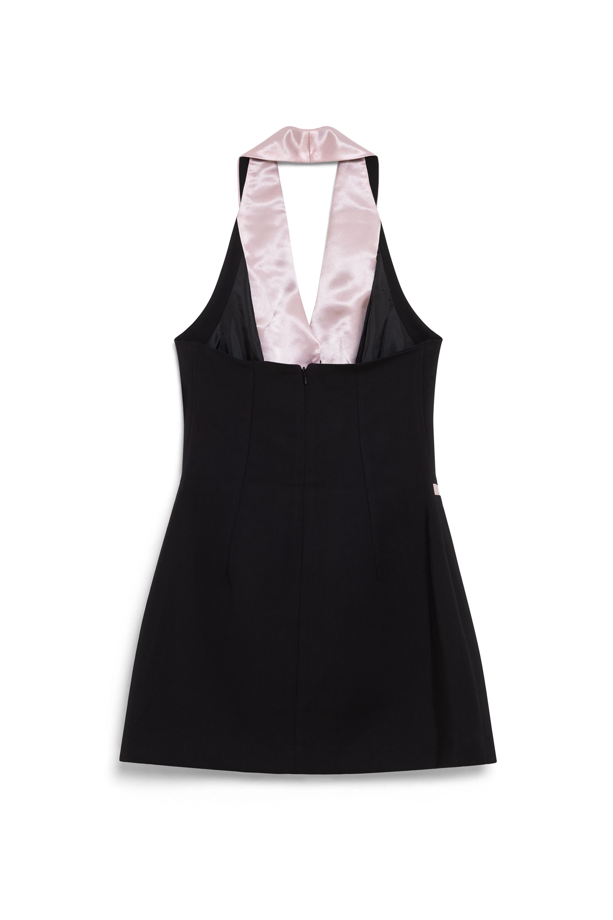Short backless dress. Contrast flap and  pockets in satin pink. Black linned buttons in the front and invisible zipper in the back.