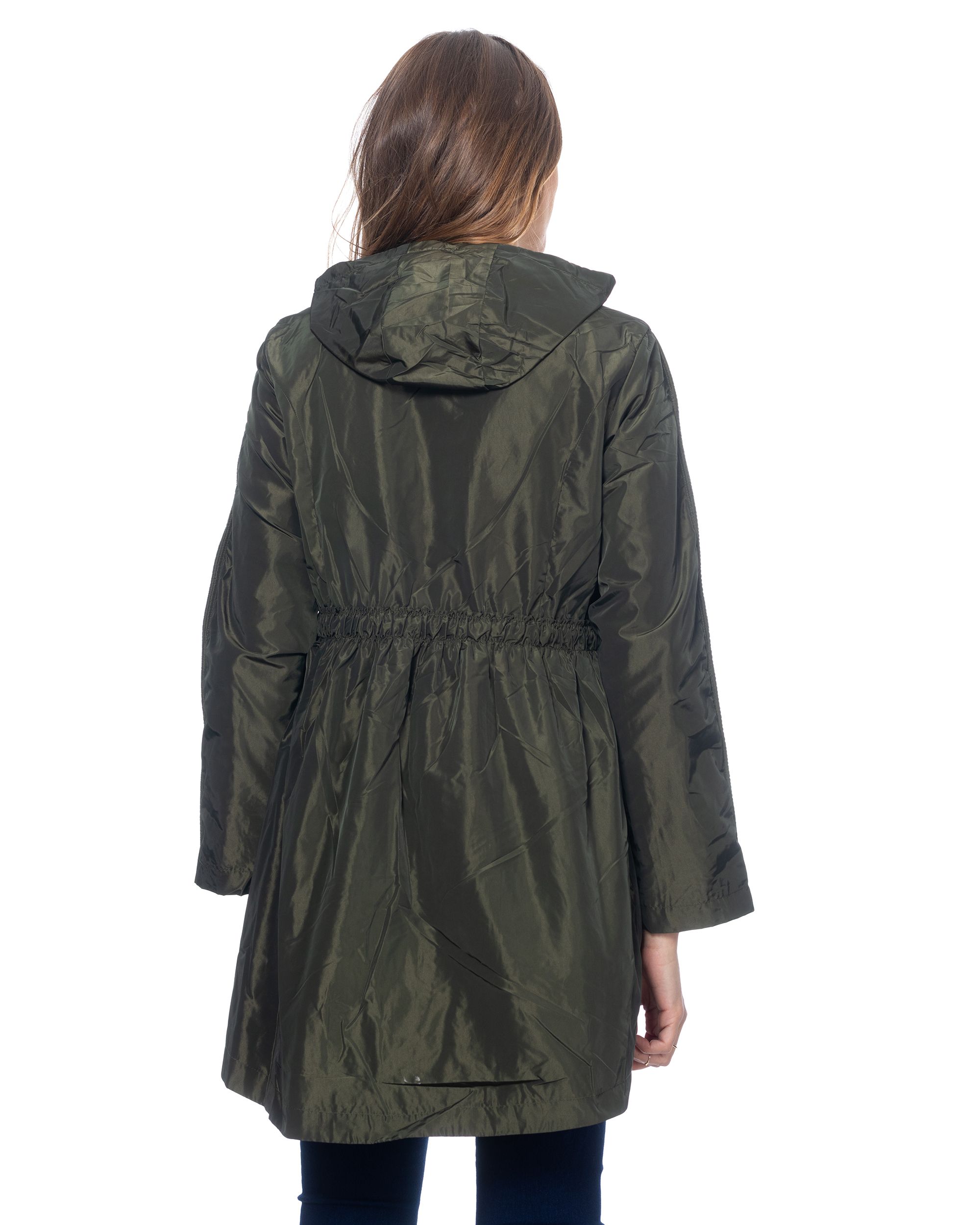 Long Jacket With Hood Elastic Waist With Strings And Side Pockets
