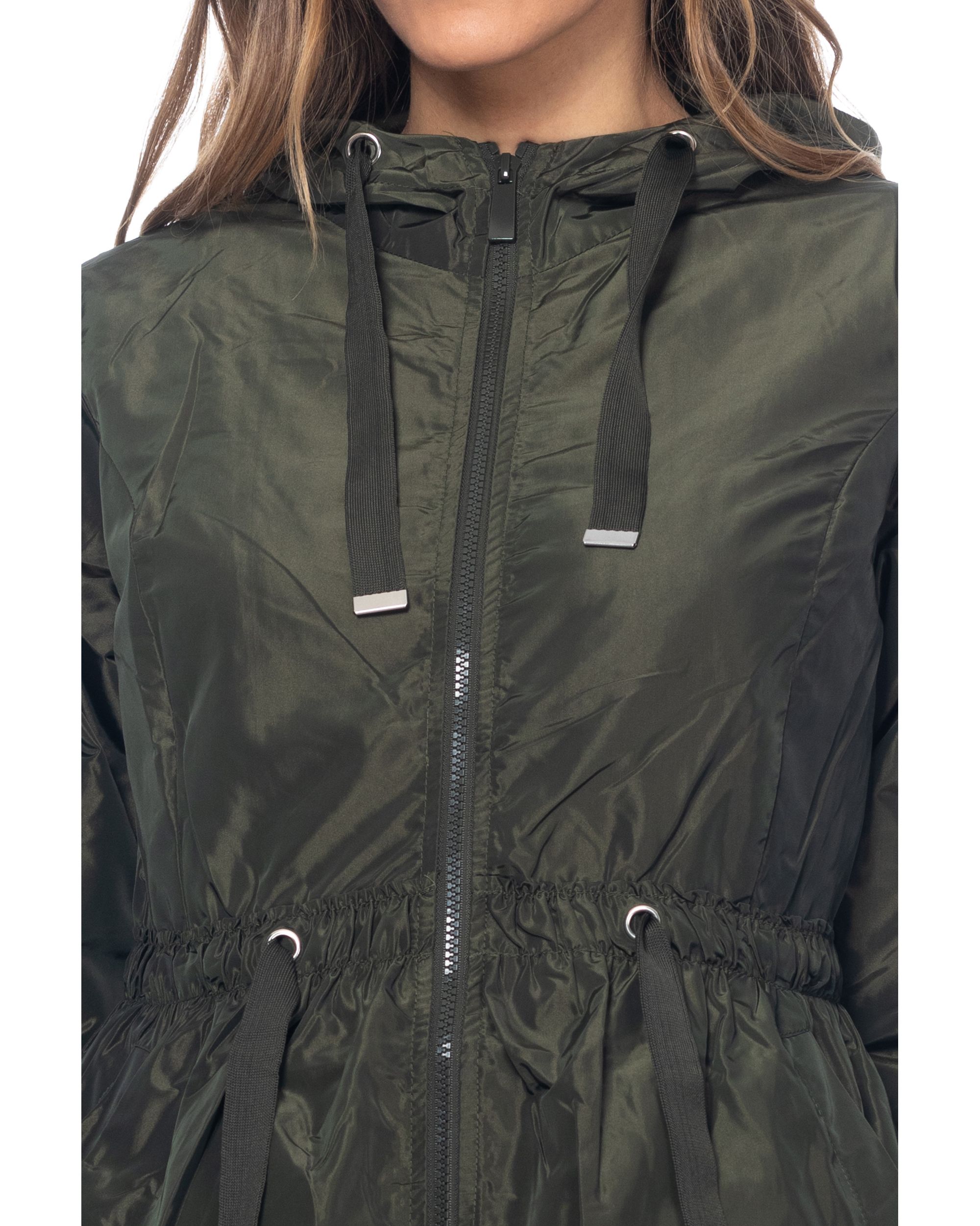 Long Jacket With Hood Elastic Waist With Strings And Side Pockets