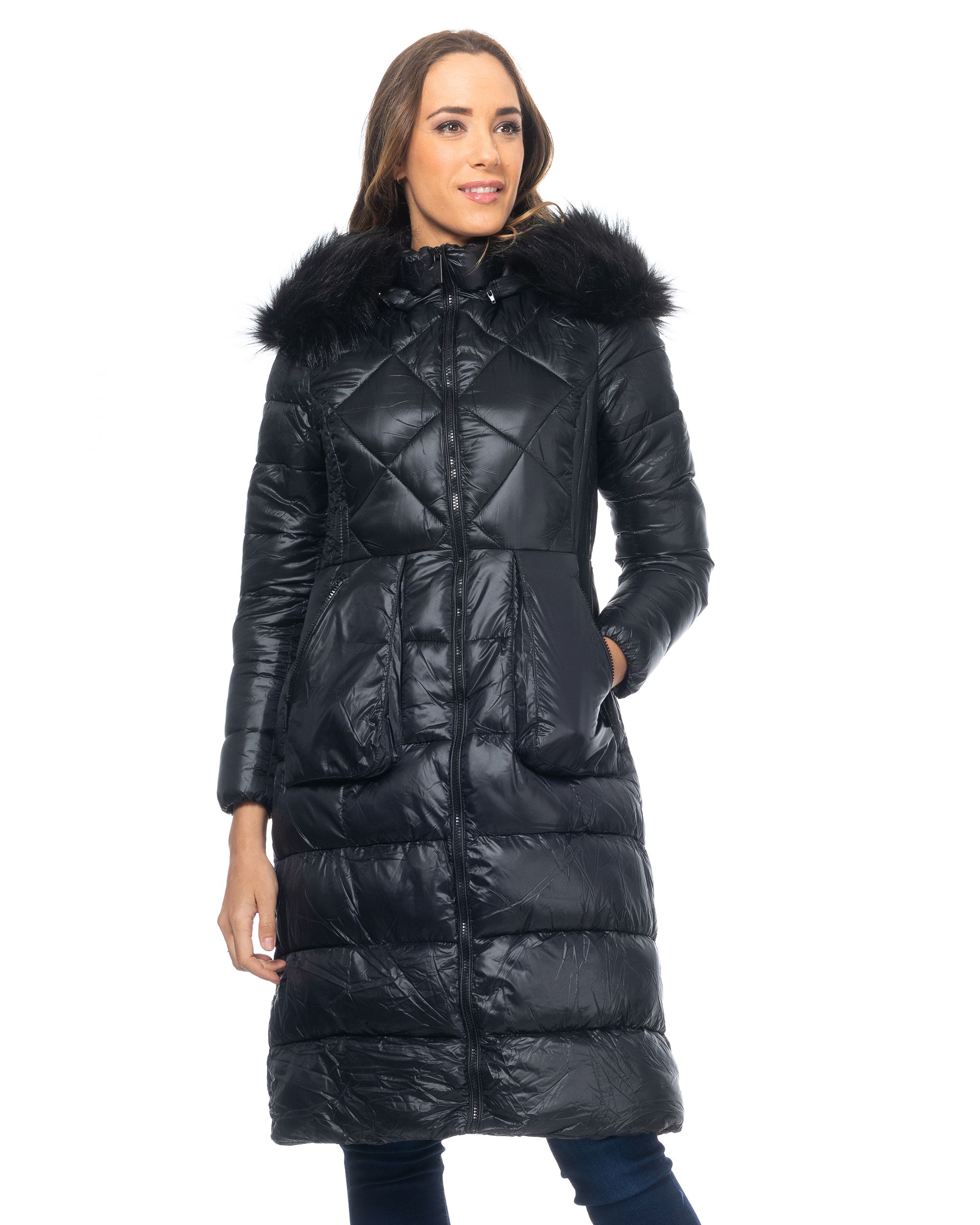 Long Padded Anorak With Detachable Hood And Faux Fur And Zip Pockets