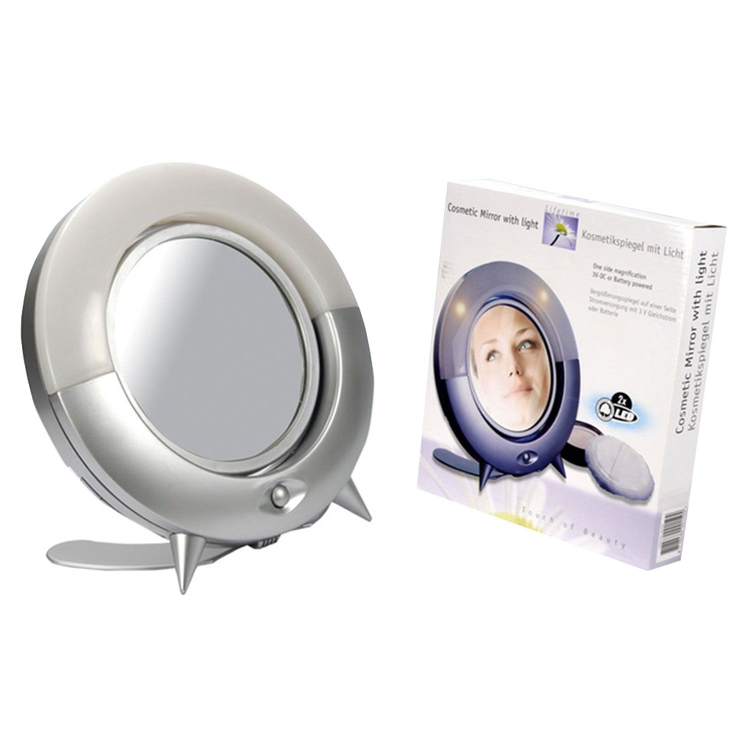 Envie Cosmetic Mirror with Light.  Do you suffer from looking in the mirror, but not being able to see everything well enough due to shadows, for example?  Then the Cosmetic Mirror with light is definitely something for you. Because the Cosmetic Mirror With Light is equipped with lights, you always have enough light to look in the mirror, which is super handy for doing your make-up, for example.  Despite the light, you may still not be able to see some spots well enough.  There the Cosmetic Mirror also has a handy solution, namely the one that is enlarged. You can use the mirror standing or hanging.  The mirror works via a 3V-DC adapter or 2 R14 batteries. The batteries are not included.

Key Features:
Plastic frame rotating mirror 
2x LED lamp 
One magnifying side 
Can be used standing or hanging 
Operates on 3V-DC adapter or 2 R14 batteries (not included)
Diameter of 22cm