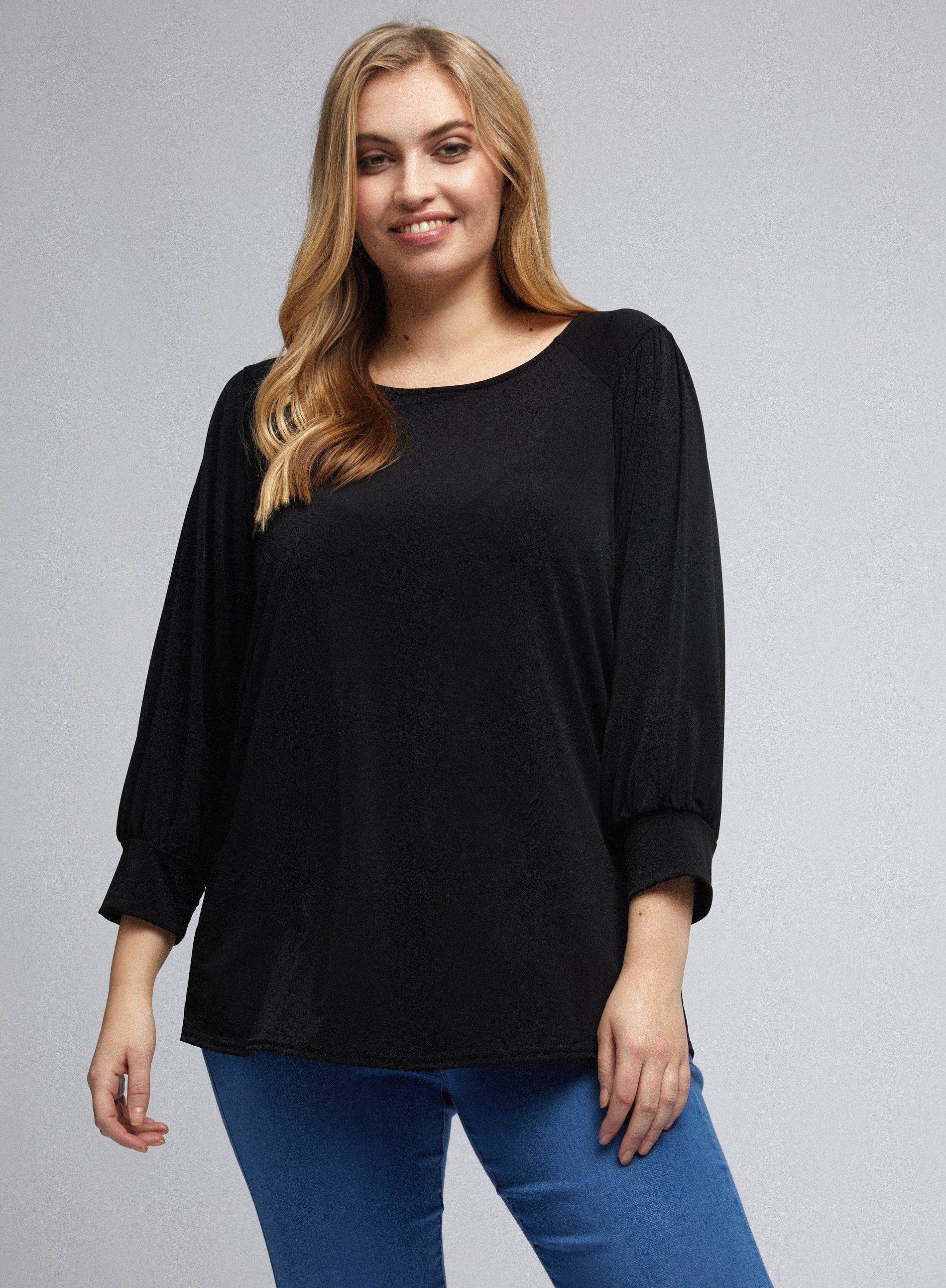 Dorothy Perkins Womens Curve Black Ruched Shoulder Top 3/4 Sleeve Blouse