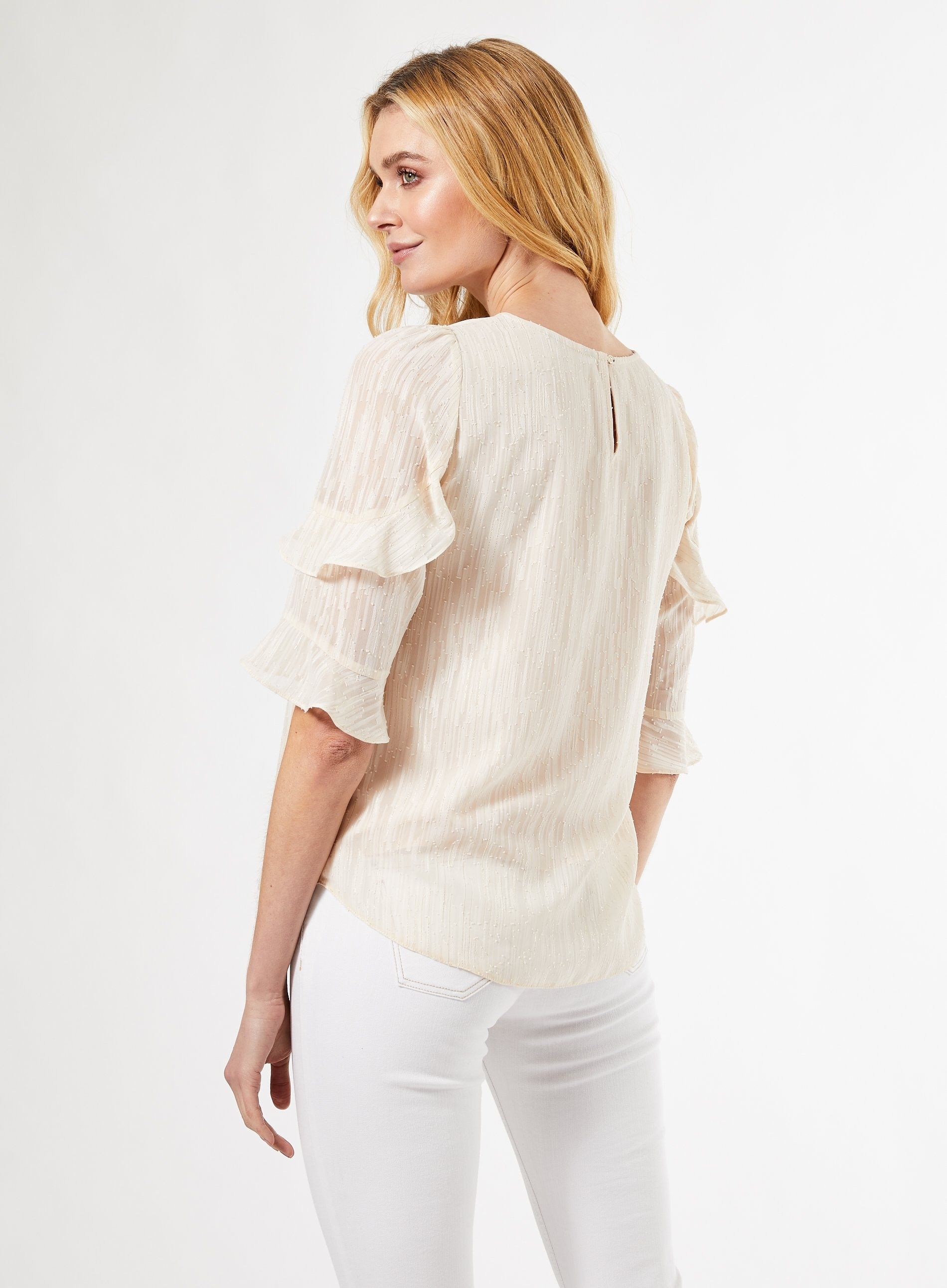 Dorothy Perkins Womens Ivory Ruffle Sleeve Top Round Neck Blouse