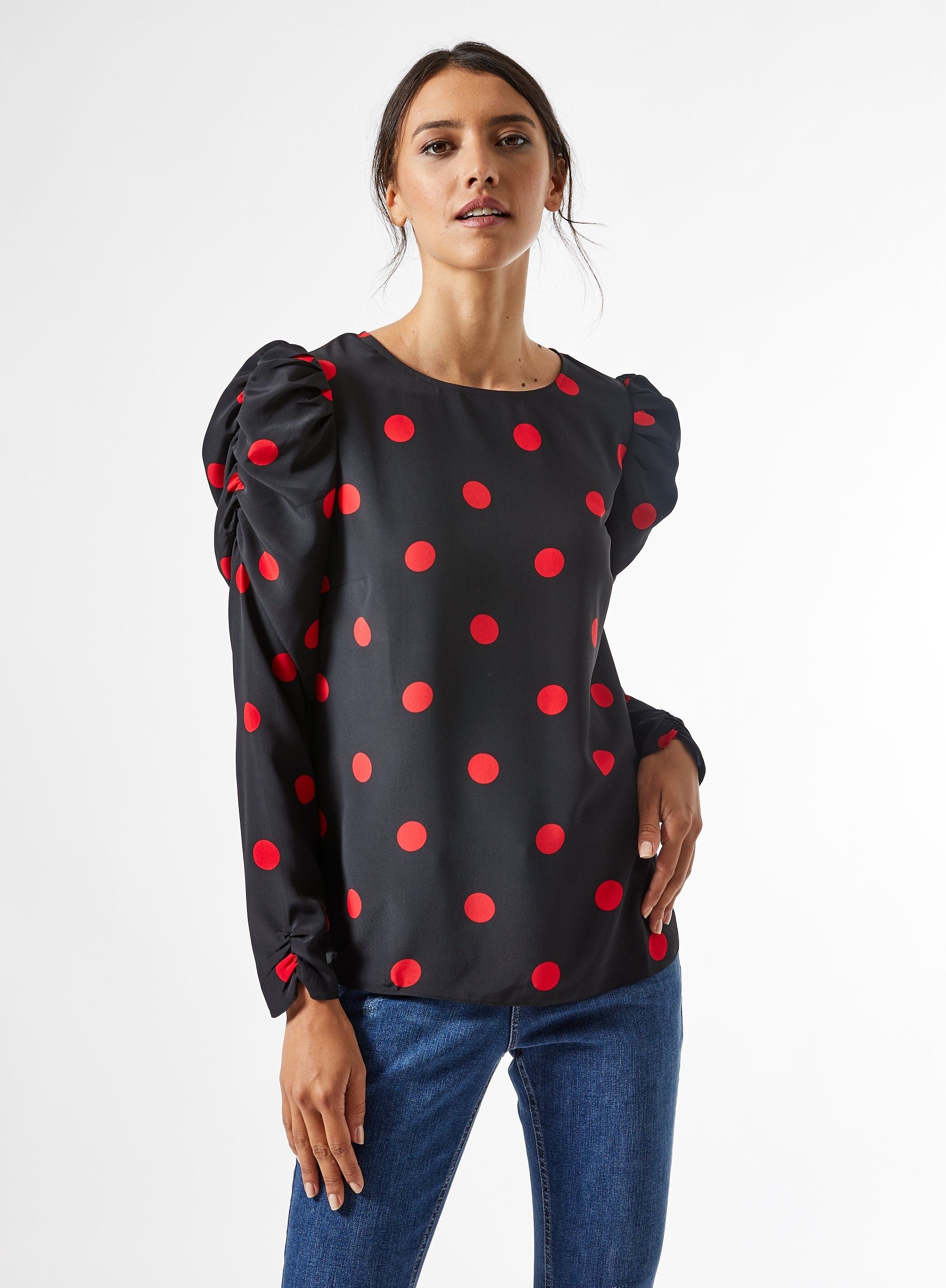 Dorothy Perkins Womens Black Spot Print Sustainable Puff Sleeve Top Blouse