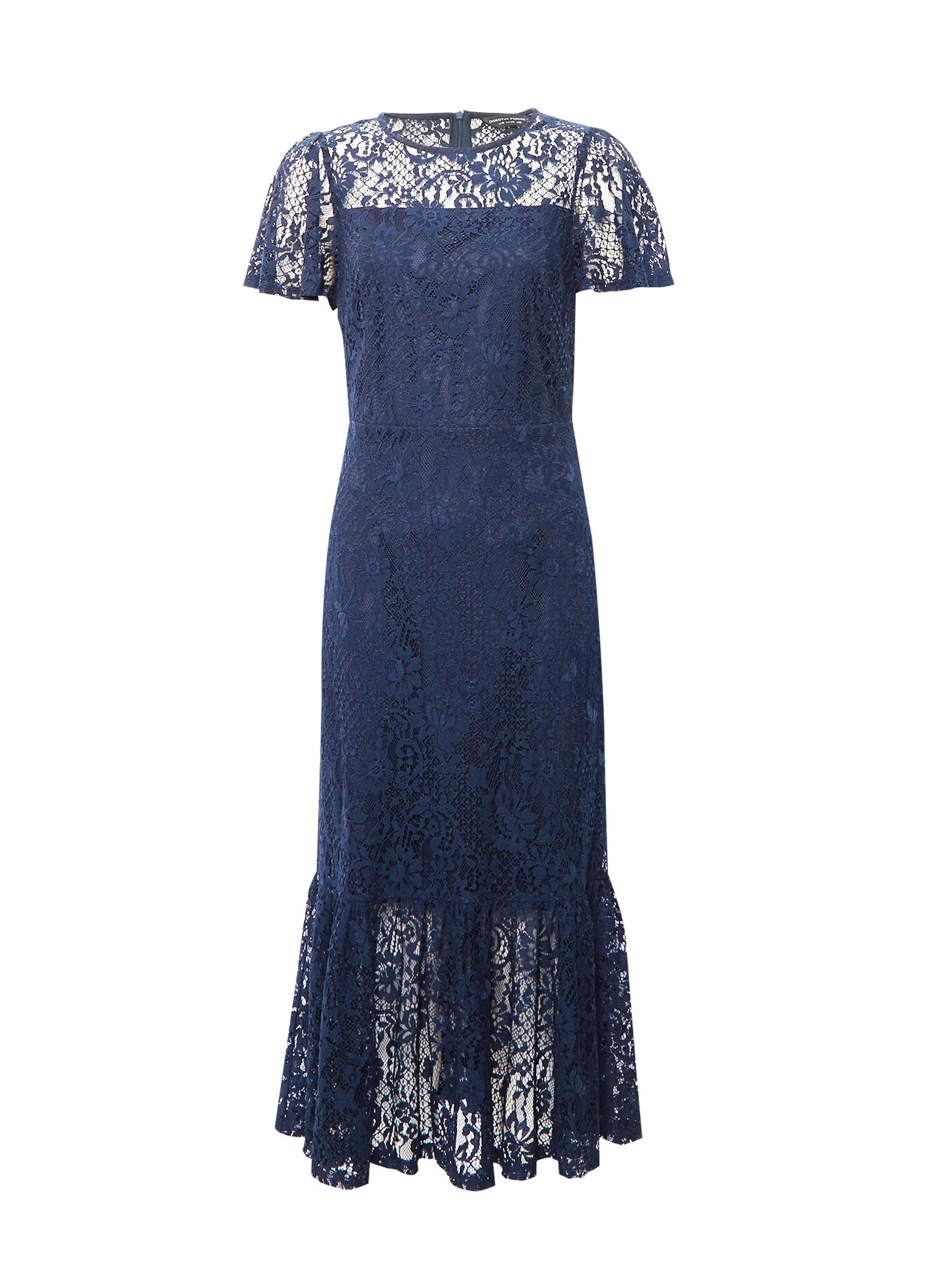 Dorothy Perkins Womens Blue Lace Peplum Midi Dress Round Neck Short Sleeve
