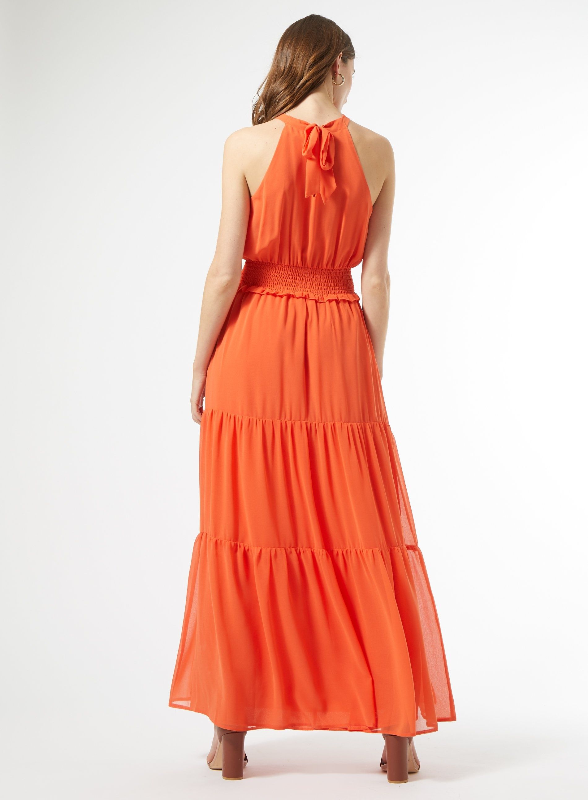Dorothy Perkins Womens Orange Halter Neck Shirred Maxi Dress Sleeveless