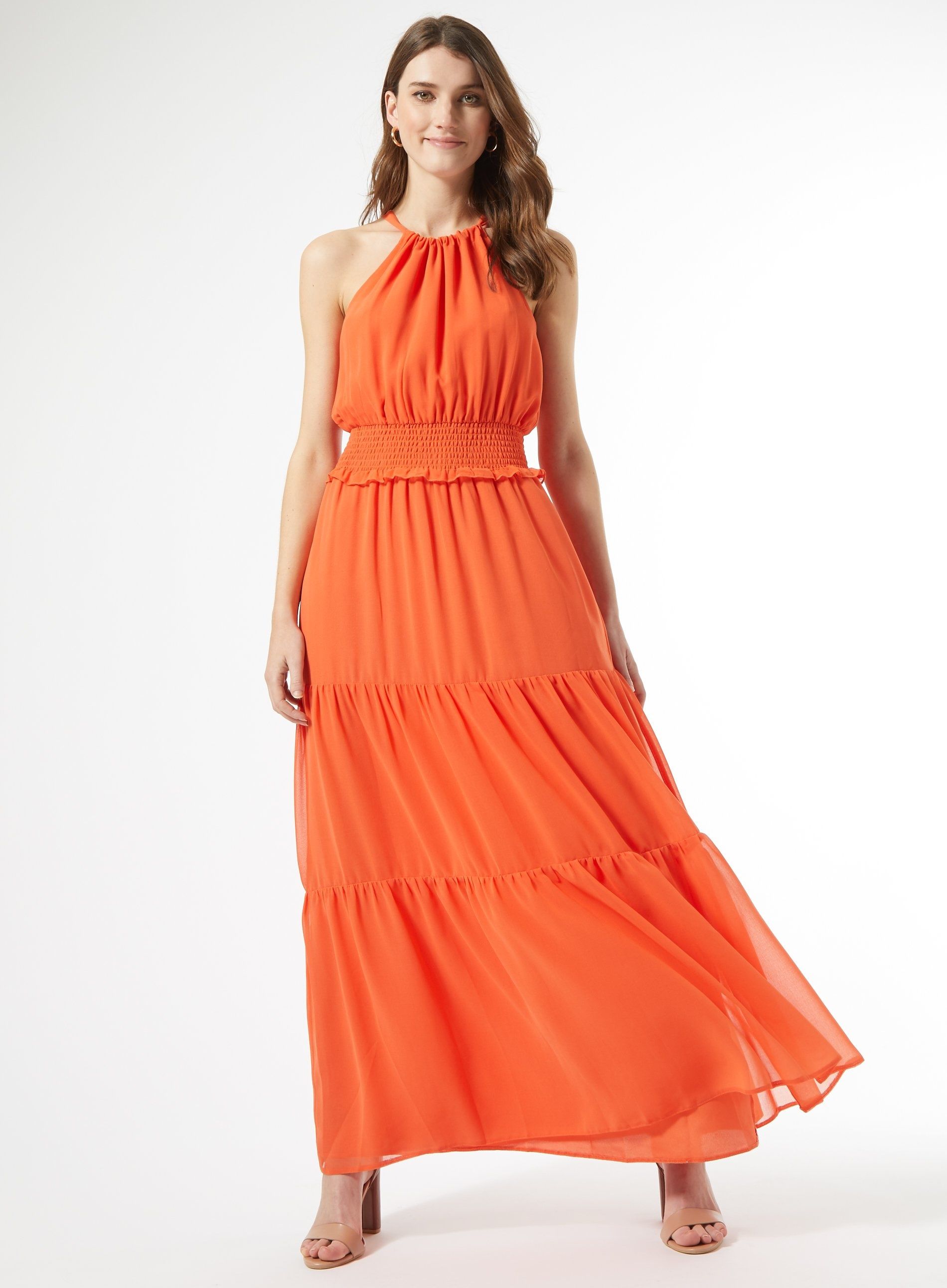 Dorothy Perkins Womens Orange Halter Neck Shirred Maxi Dress Sleeveless