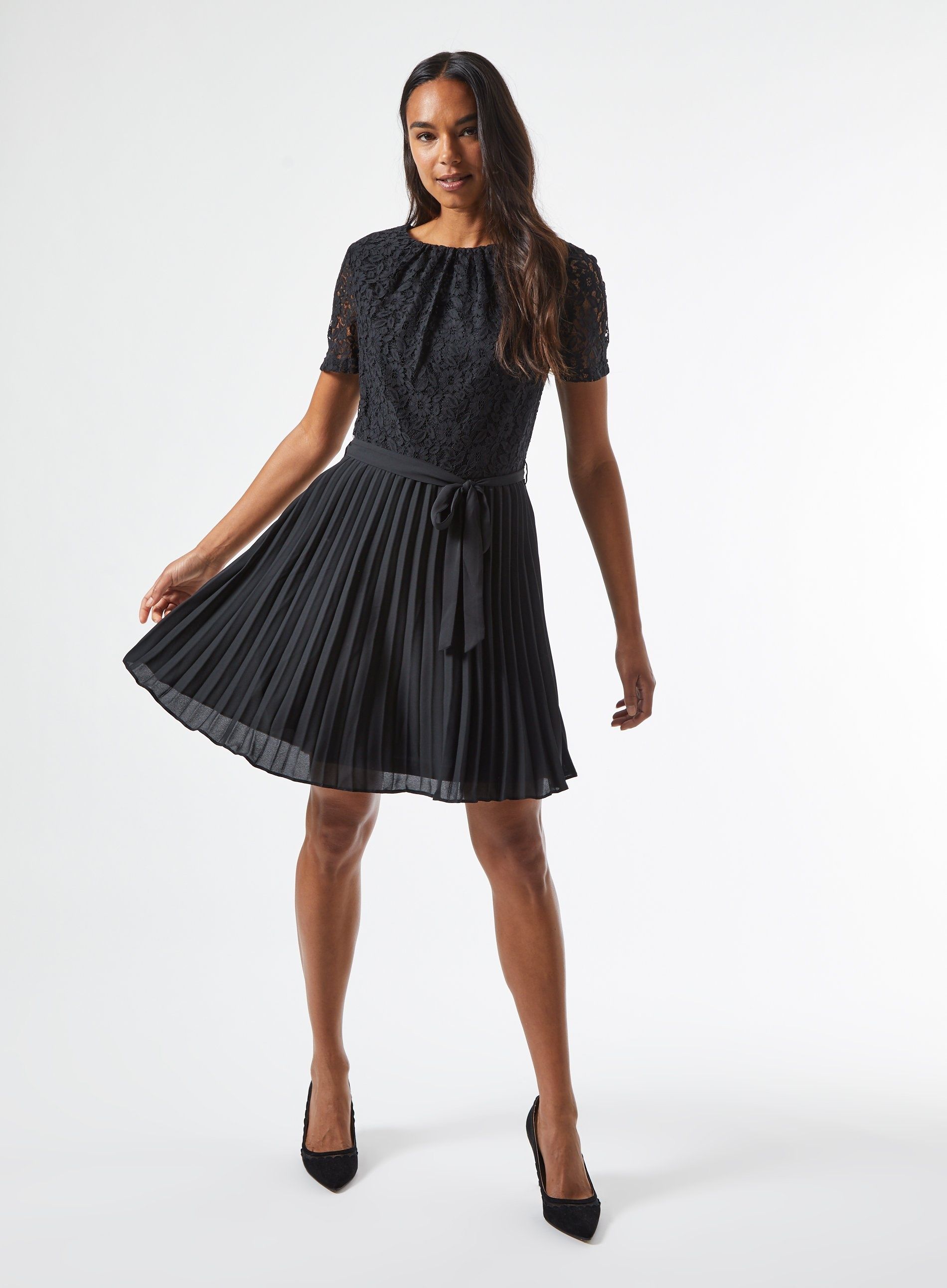 Dorothy Perkins Womens Black Mini Lace Dress Short Sleeve Round Neck