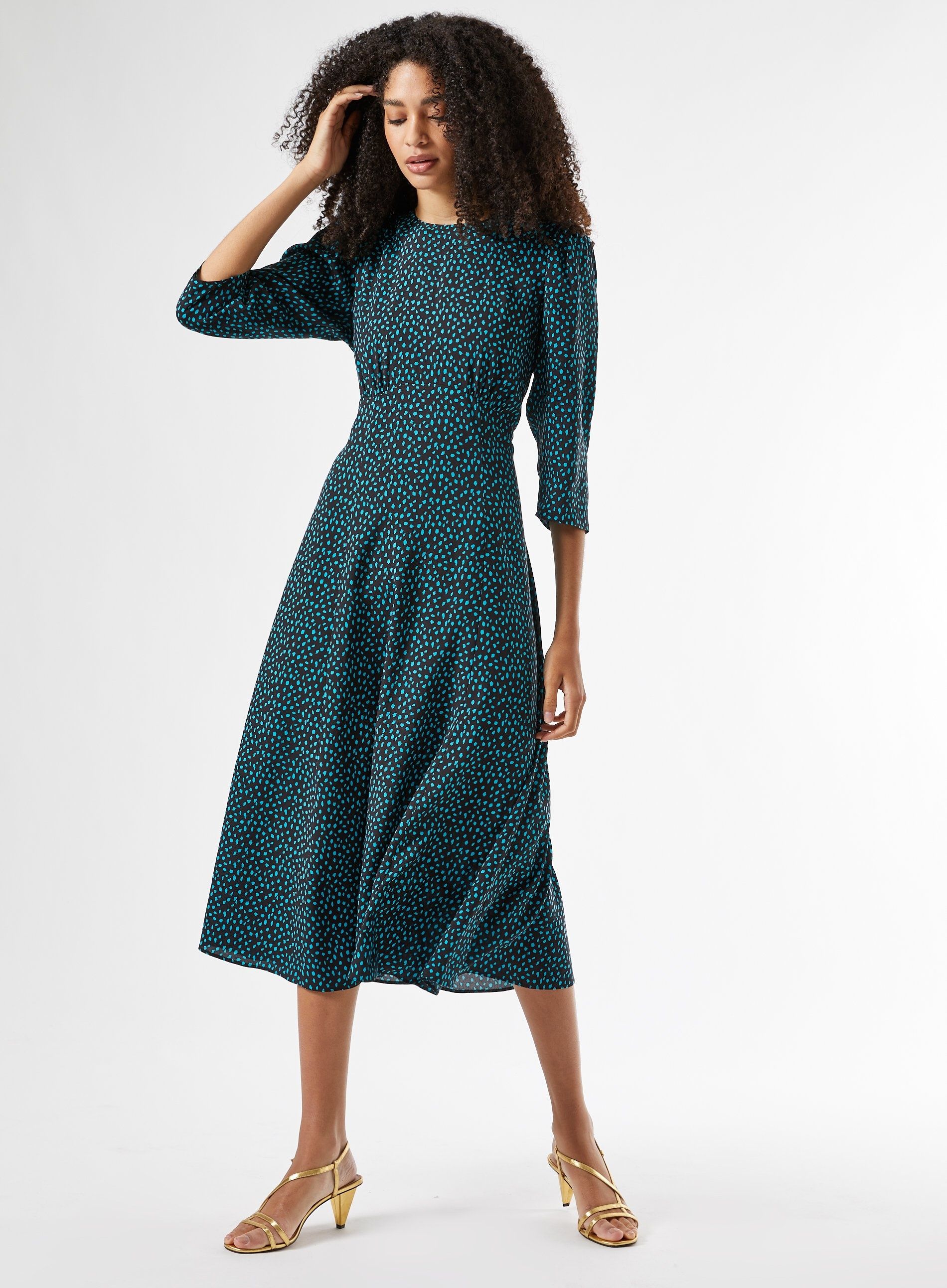 Dorothy Perkins Womens Green Spot Empire Midi Dress 3/4 Sleeve Round Neck