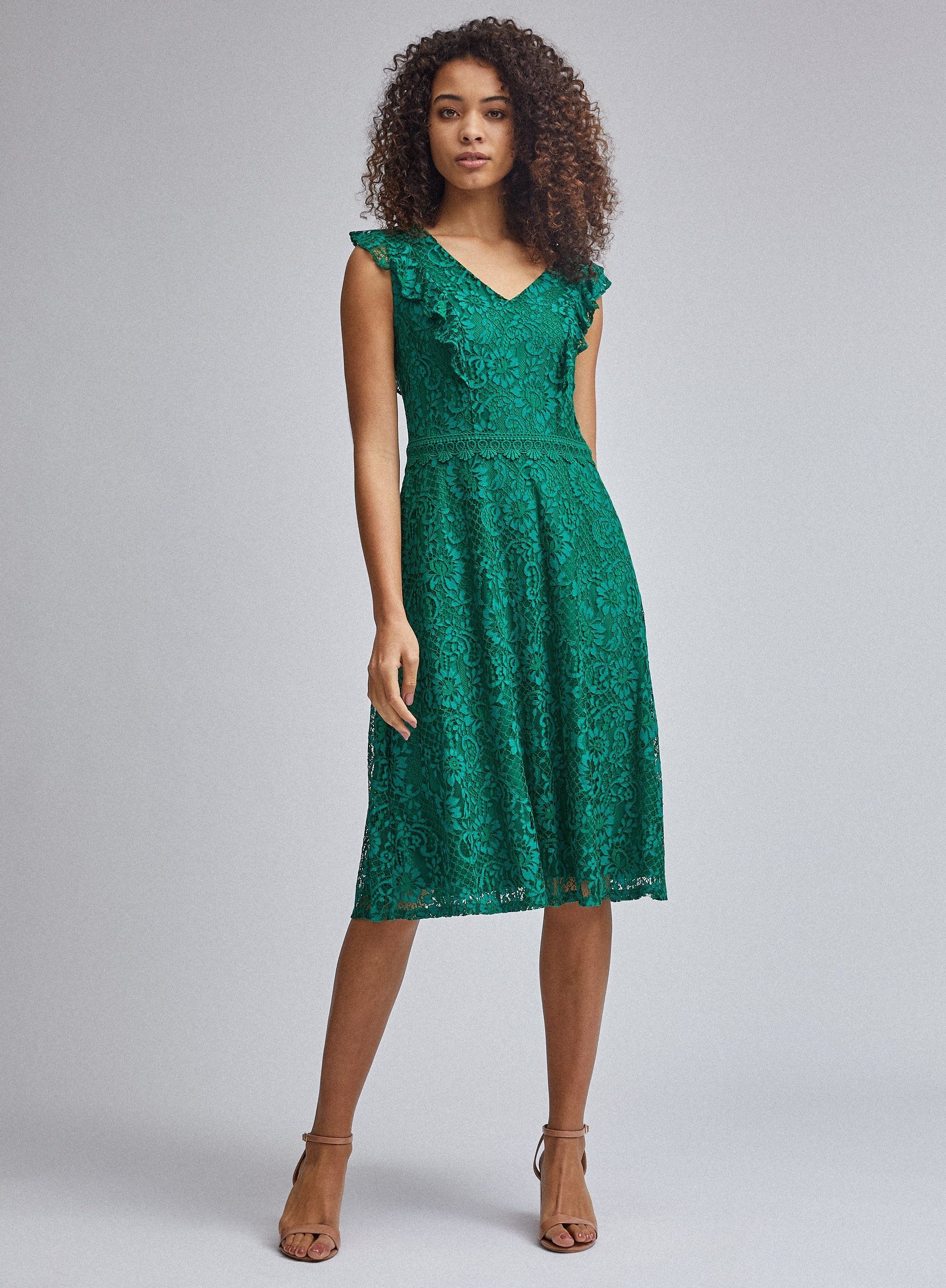 Dorothy Perkins Womens Tall Green Lace Ruffle Skater Dress KneeLong