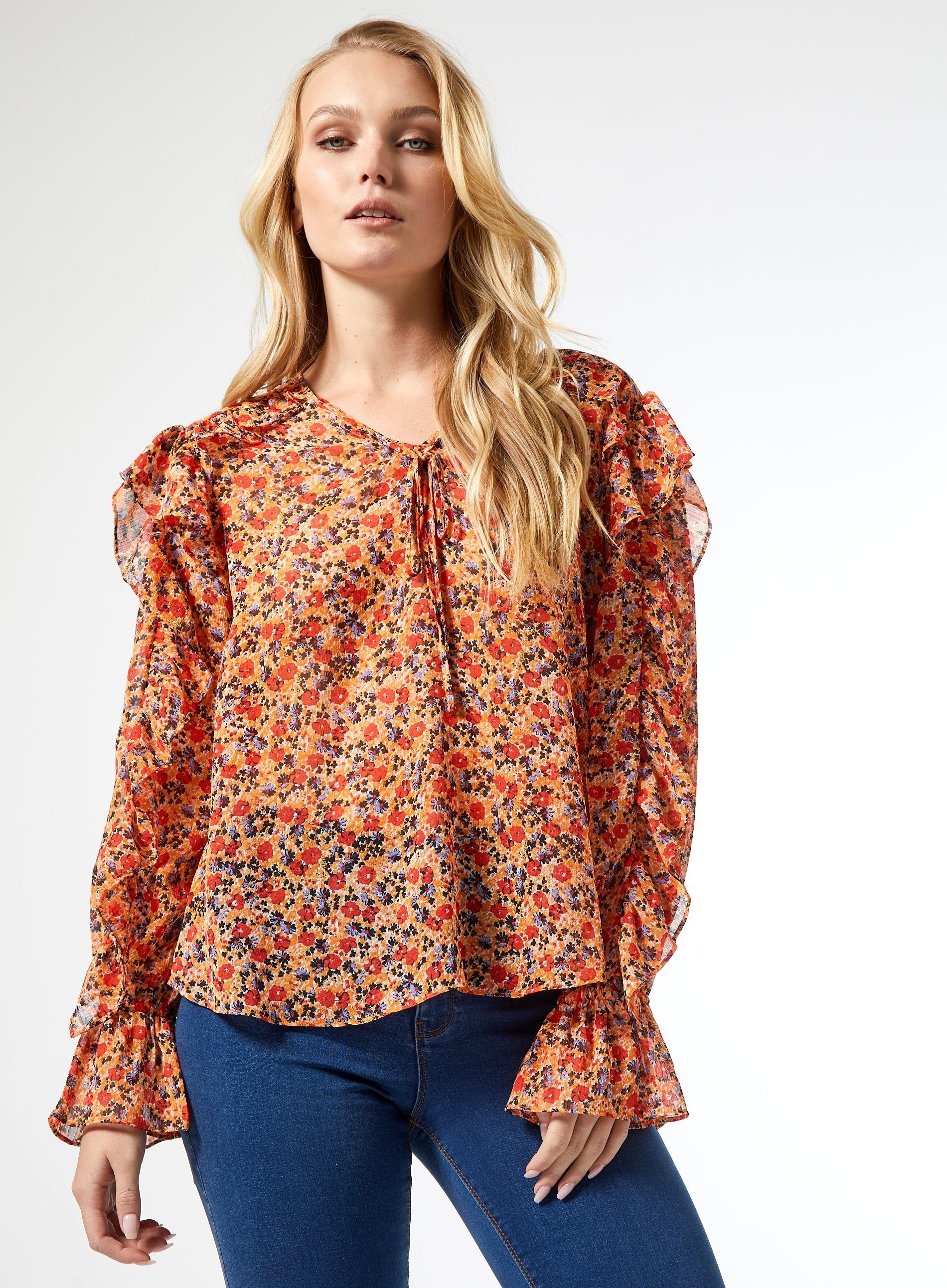 Dorothy Perkins Womens Tall Multi Floral Print Ruffle Blouse Long ...