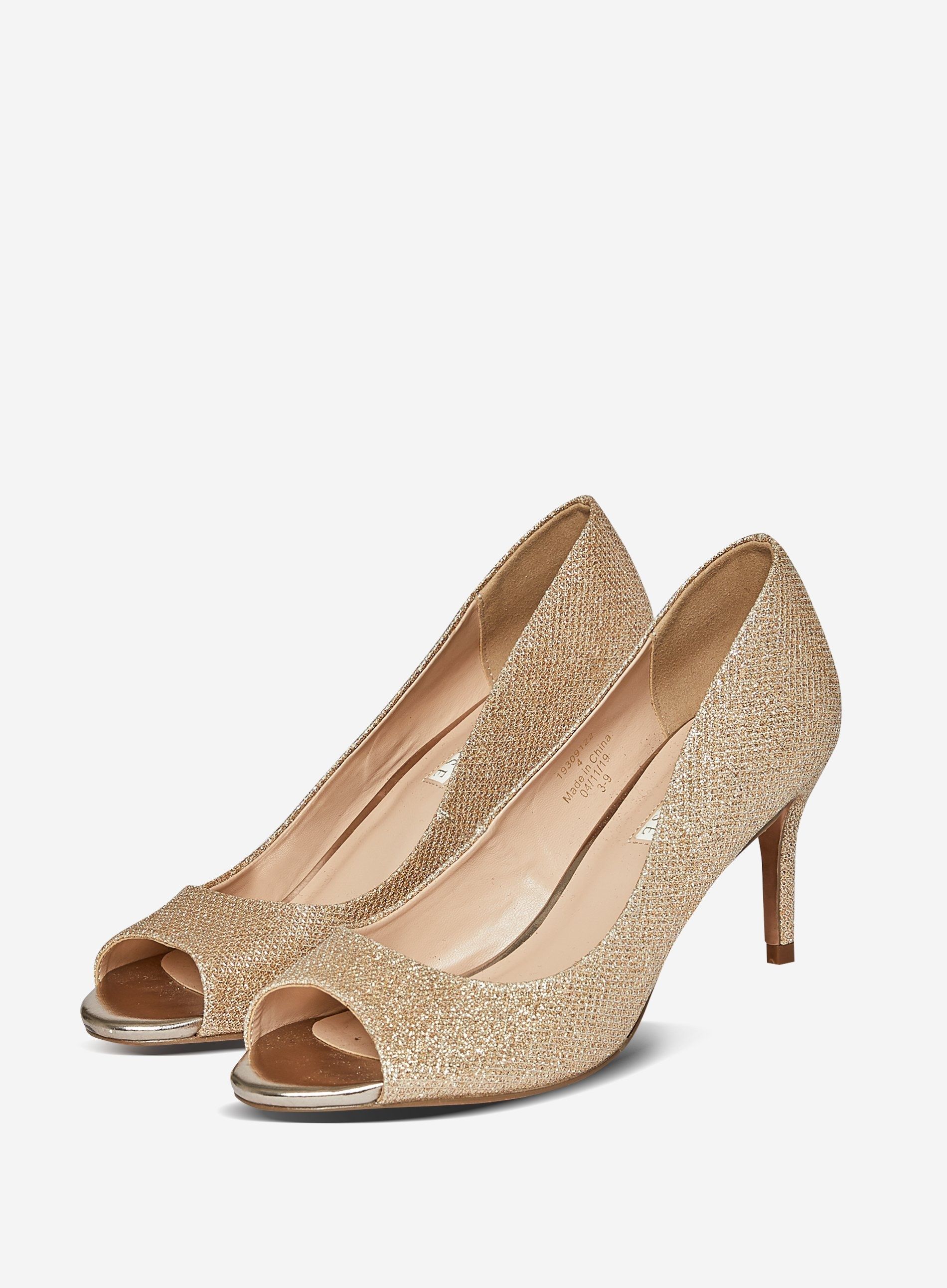 Dorothy Perkins Womens Showcase Gold Ginseng Glitter Peep Toe Court Shoes Heels 6037