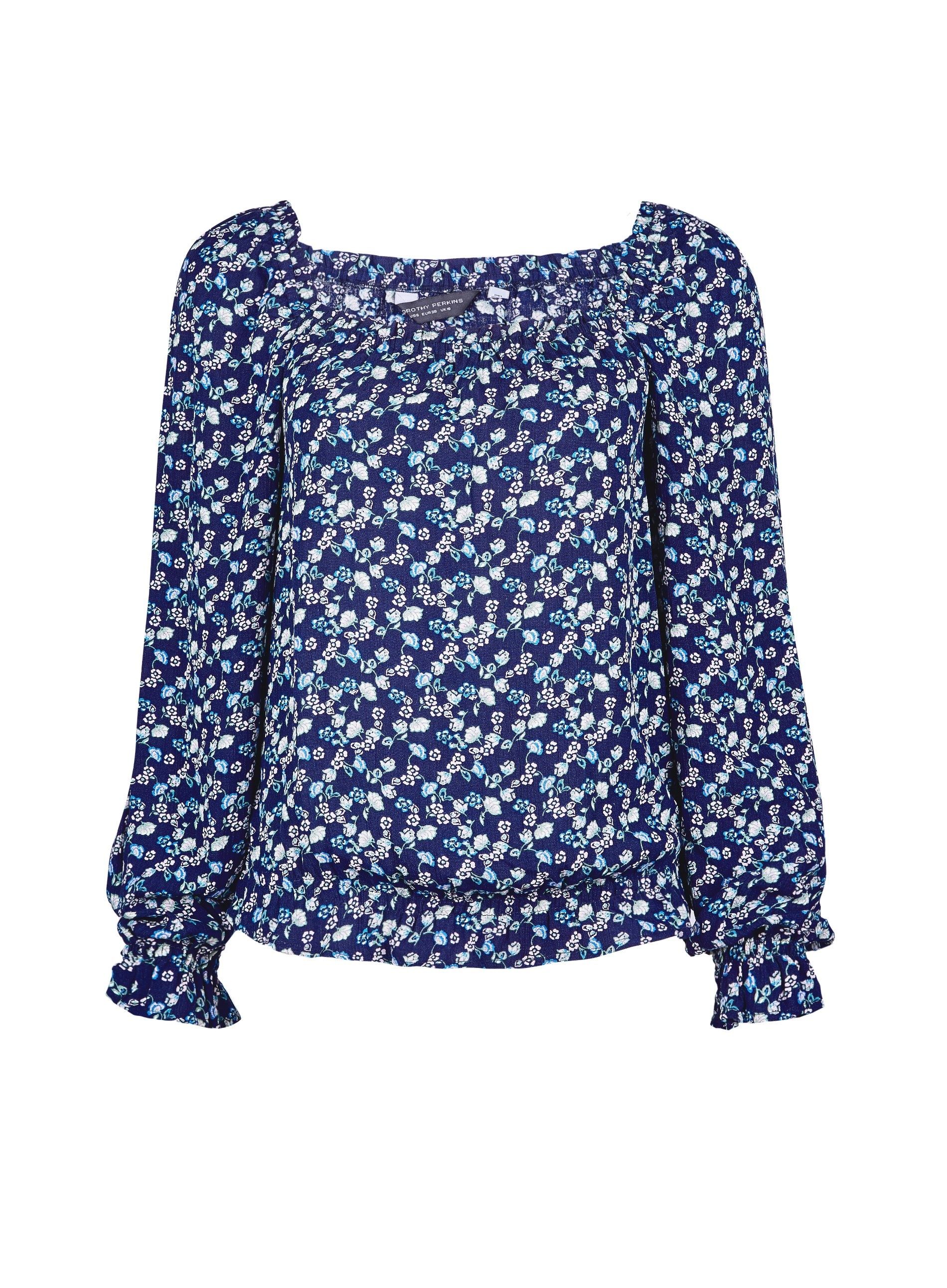 Dorothy Perkins Womens Blue Floral Print Square Neck Top Long Sleeve Blouse