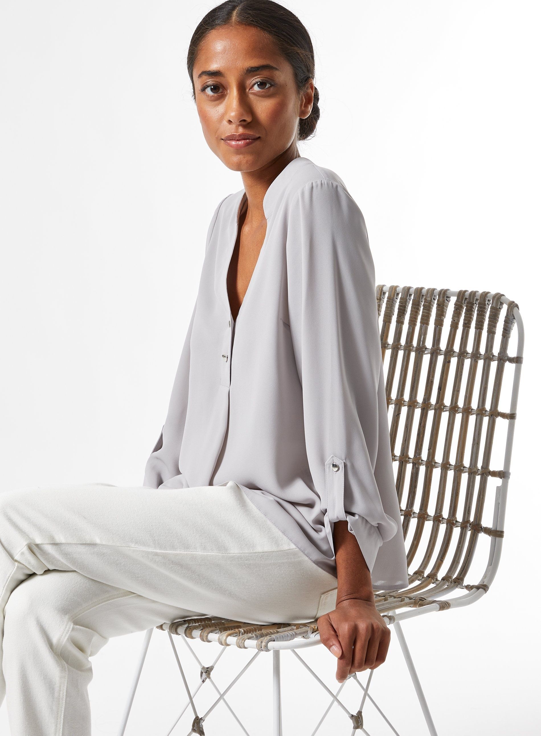 Dorothy Perkins Womens Petite Grey Marl Roll Sleeve Shirt Blouse Top VNeck