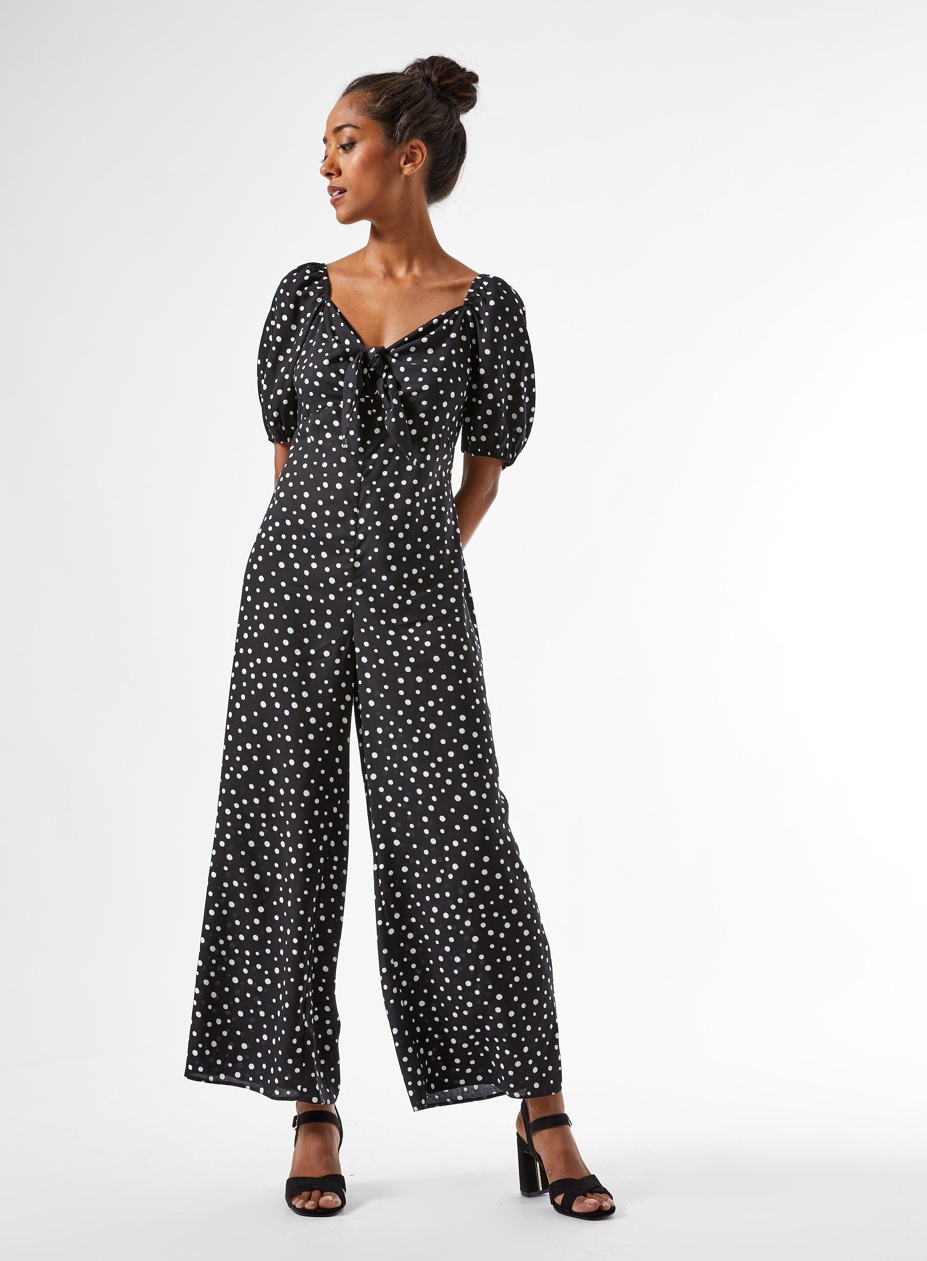 Dorothy Perkins Womens Petite Black Spot Tie Front Jumpsuit V-Neck ...