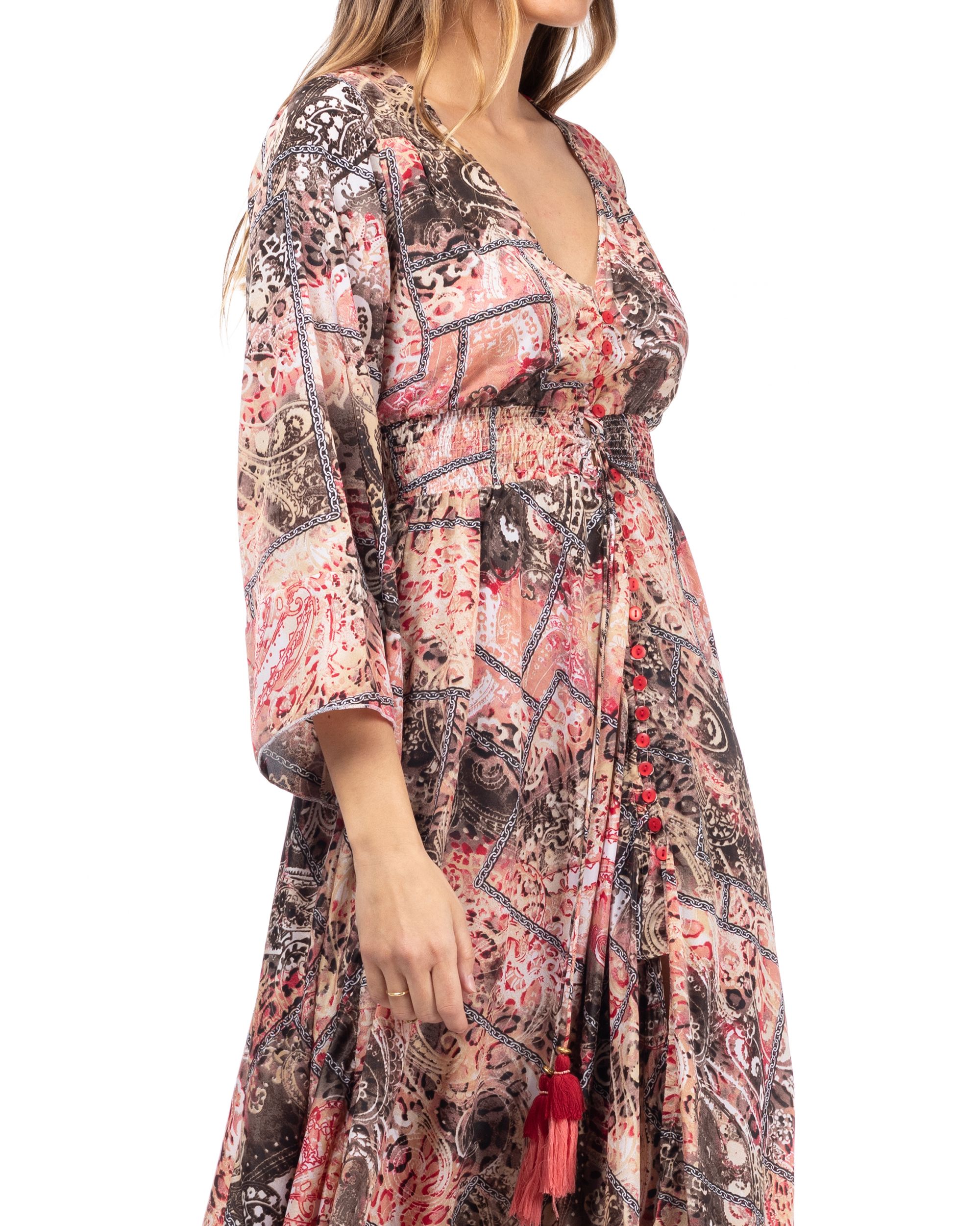 Long printed dress with flared French sleeves, buttons and elastic waist