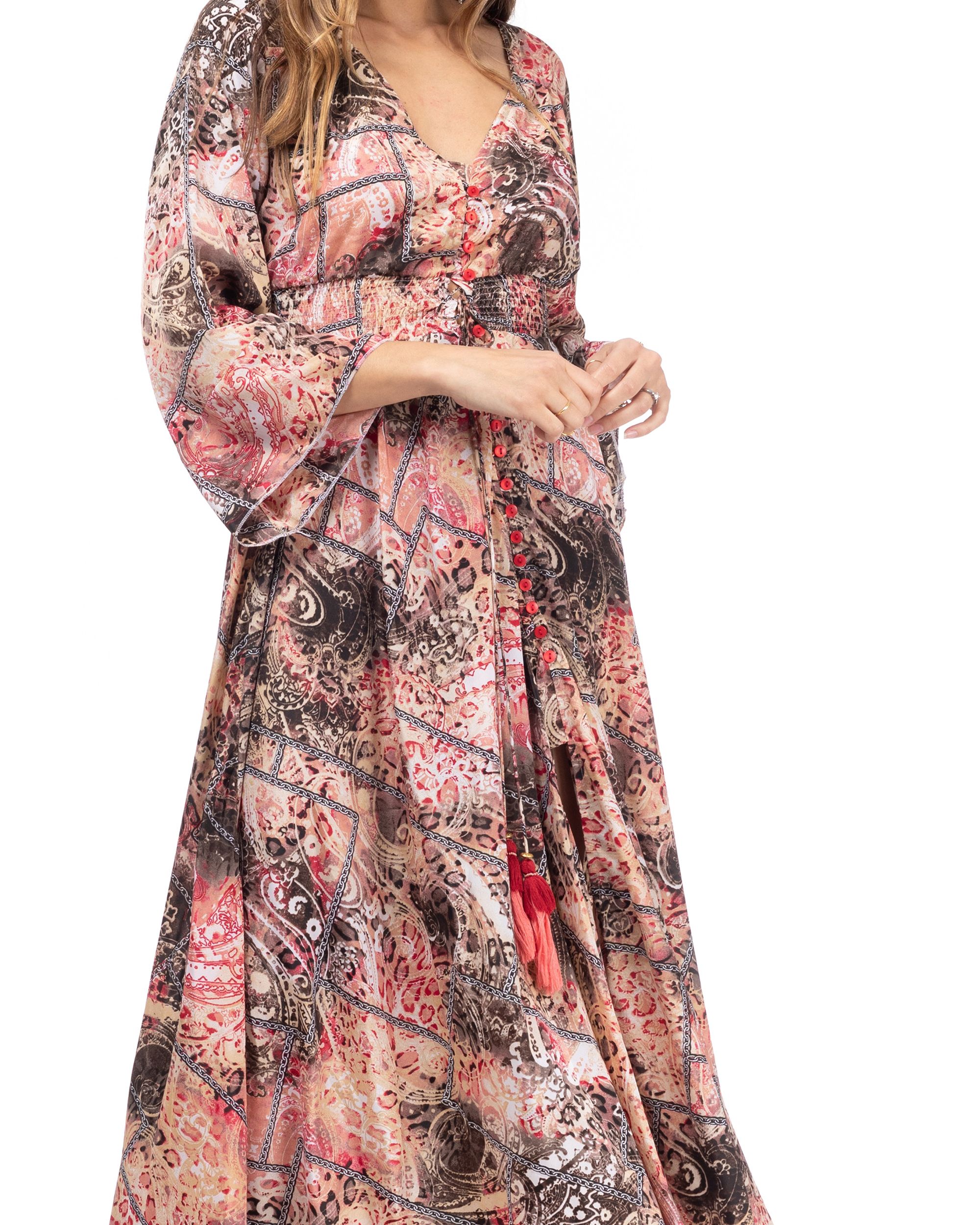 Long printed dress with flared French sleeves, buttons and elastic waist