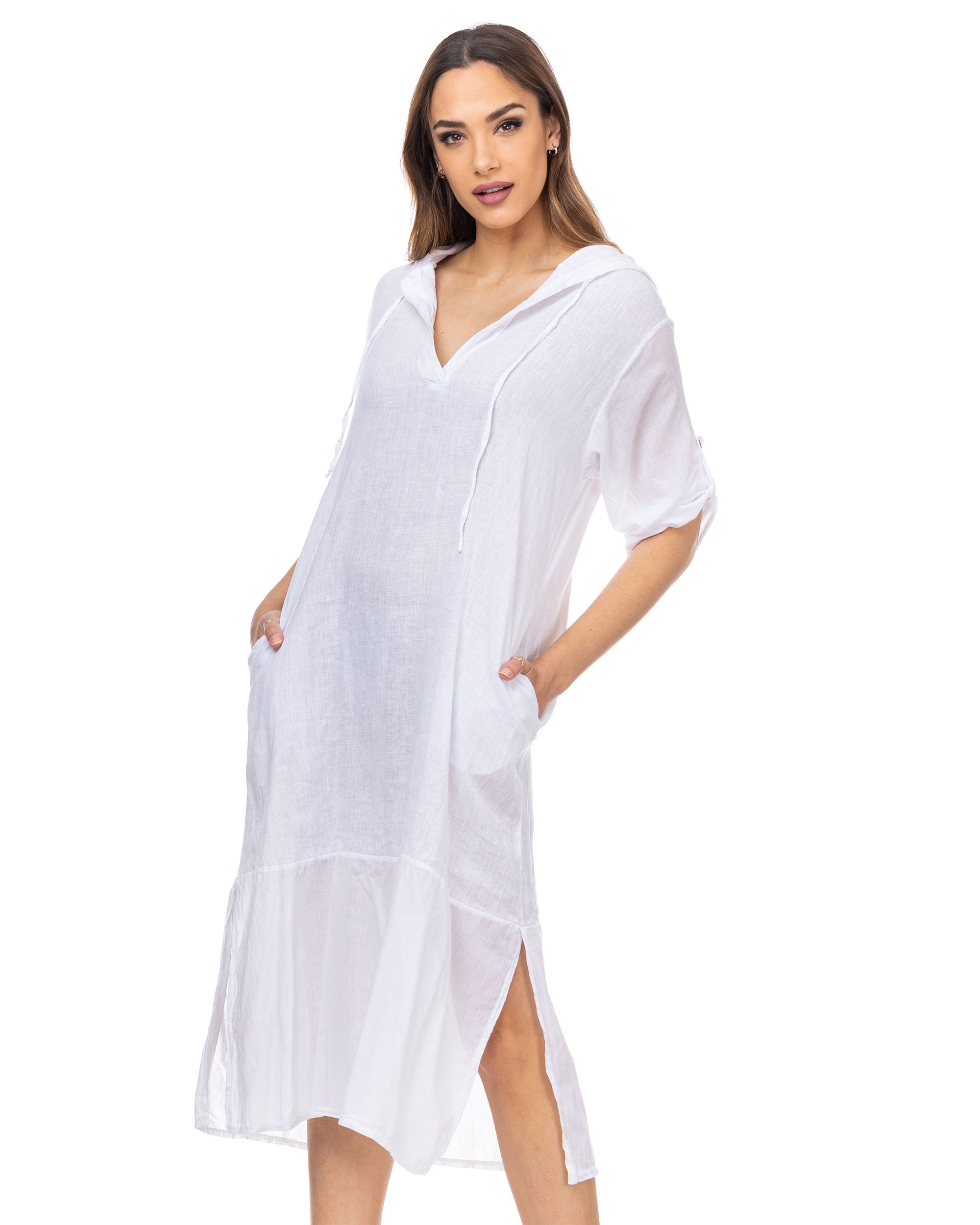 V neck maxi linen dress with hood, pockets and long sleeves