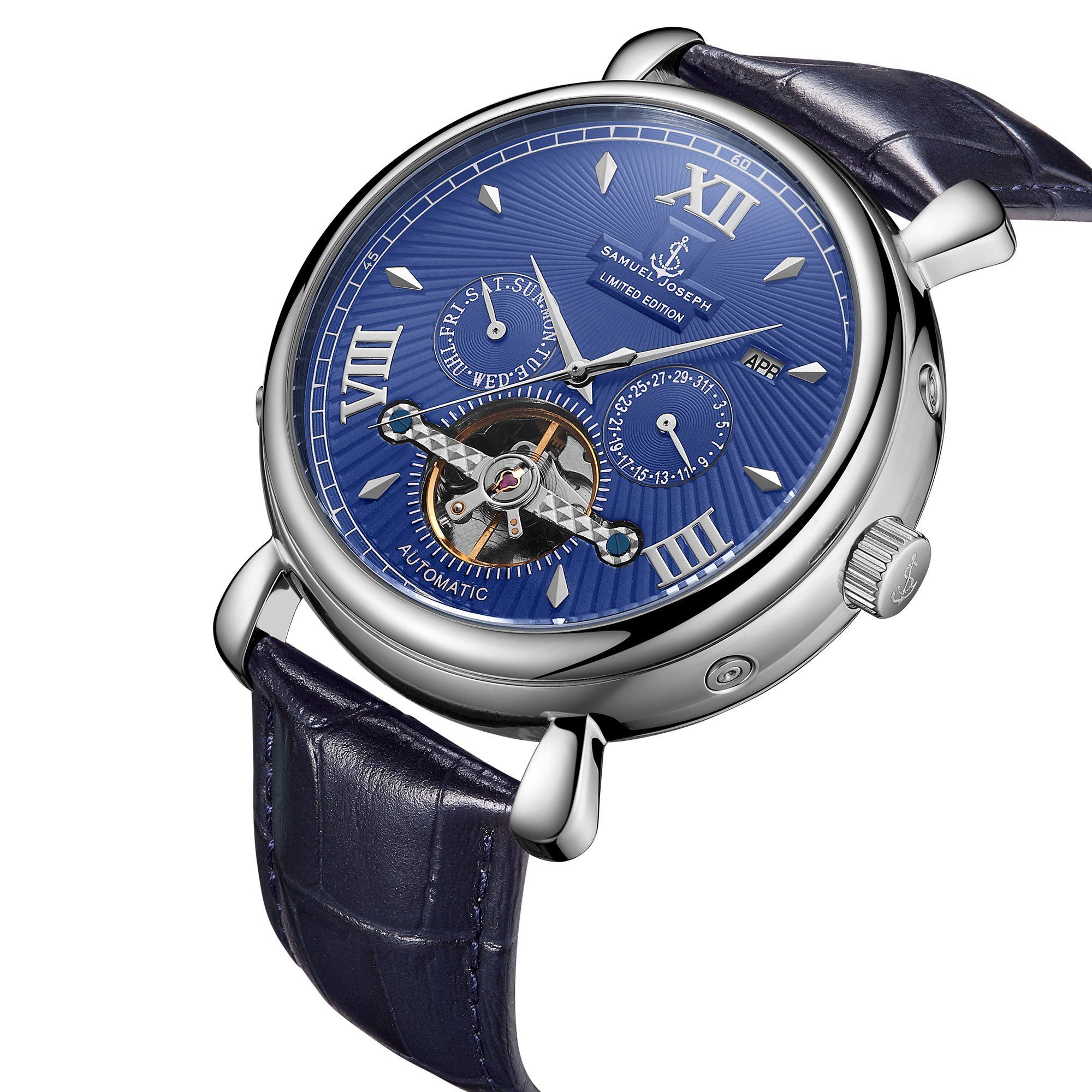 Samuel Joseph Limited Edition Steel & Blue Automatic Designer Mens Watch