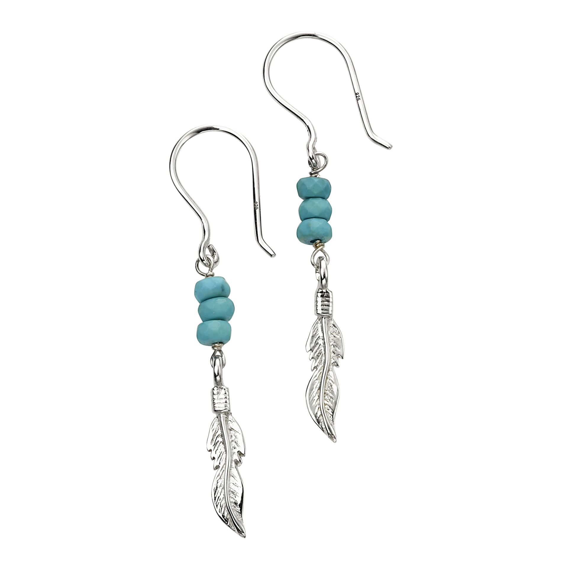 Beginnings 925 Sterling Silver Ladies' Blue Magnesite Stone Silver Feather Charm Drop Hook Earrings<li>Design: Inspired by nature, these gorgeous feather dangle earrings are a wonderful update to your silver jewellery collection. Featuring on-trend turquoise blue stones to add a pop of colour to your outfit, these drop earrings are perfect for every day wear.<li>Composition: Crafted from genuine 925 sterling silver with a highly polished finish. Visible 925 hallmark stamp can be found on the side of the earring hook.<li>Dimensions: height including hook 51mm, width 4mm, depth 4mm, weight 2g, anti tarnish plated, stone weight 0.35g<li>Fitting: These earrings feature a hook style fitting suitable for pierced ears only<li>Storage: This item includes a lovely white branded Beginnings window gift box to present the jewellery in. This is ideal for gifting and a great place to store the item for future wear.