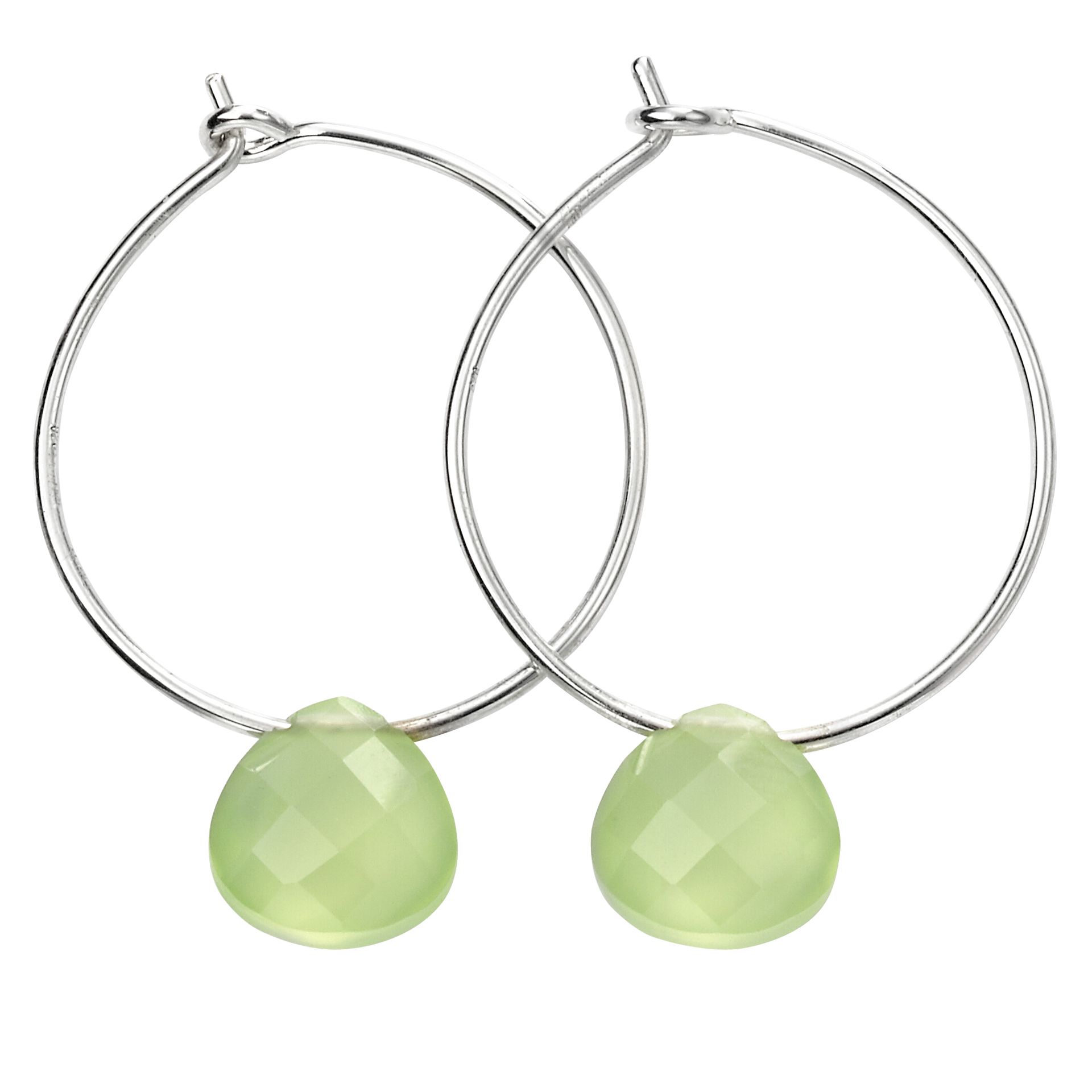 Beginnings 925 Sterling Silver Ladies' Silver Wire Hoop Earrings with Prenite Green Chalcedony Stone Charms<li>Design: Add a pop of colour to your jewellery collection this season with these stunning charm hoop earrings from Beginnings. Gorgeous shiny silver combined with stunning semi precious teardrop stone charms creates a colourful on-trend accessory perfect for all occasions from festivals to Summer holidays. Wear alone or team up with our coordinating necklaces to complete the look.<li>Composition: Crafted from genuine 925 sterling silver with a highly polished finish. Visible 925 hallmark stamp can be found on the side of the earring hook. Features 1 prenite green chalcedony stone per hoop of size 10mm.<li>Dimensions: height 36.5mm, width 25.3mm stone width 10mm, depth of hoop 1mm stone depth 5.5mm, weight 2.2g, stone weight 1.1g anti tarnish plated<li>Fitting: These earrings feature a huggy hoop creole style fitting suitable for pierced ears only<li>Storage: This item includes a padded black gift box to present the jewellery in. This is ideal for gifting and a great place to store the item safely for future wear.