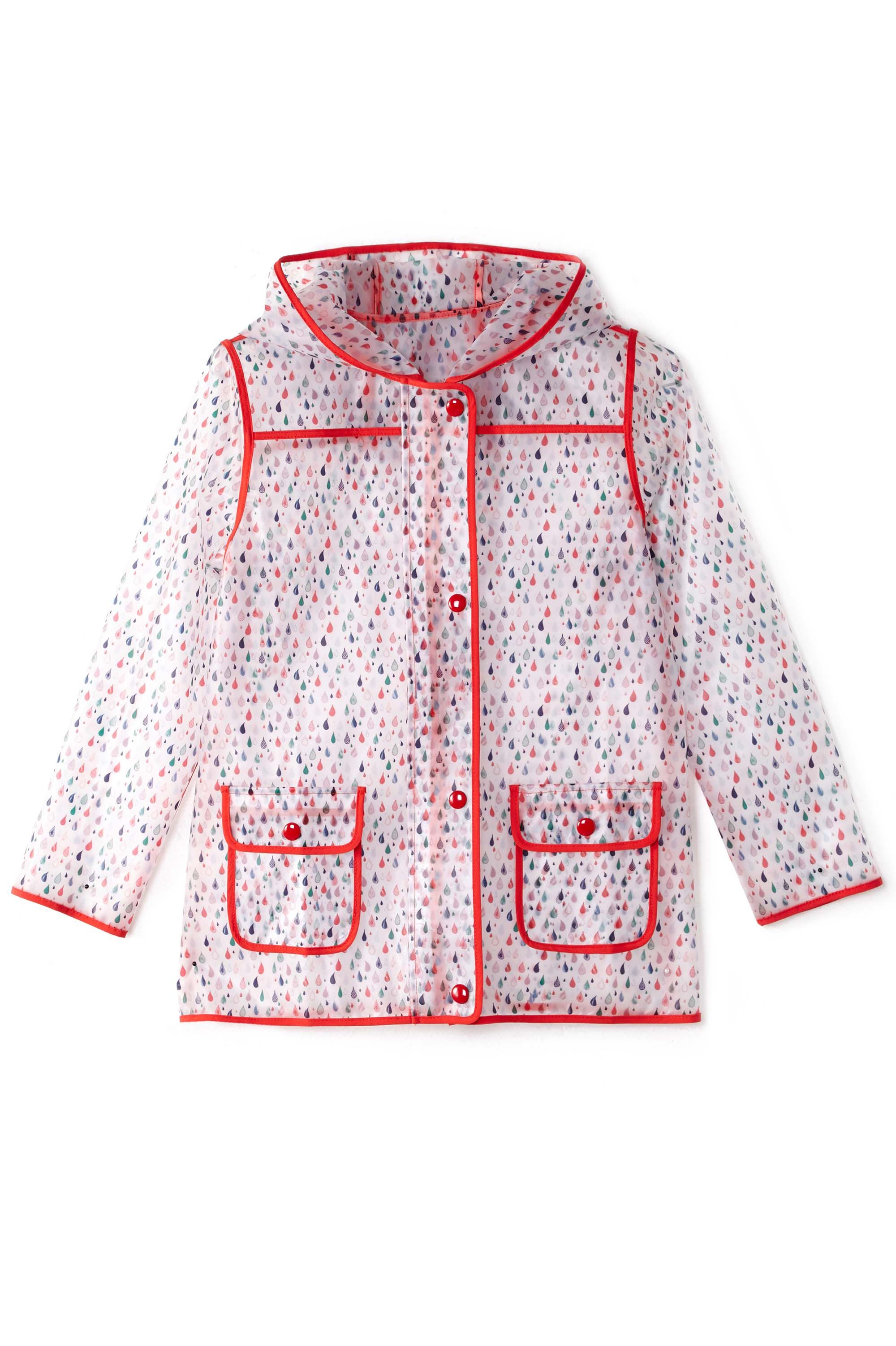 Brighten grey days by wrapping your little one in this Raindrop See Through Mac. Designed as part of our junior range, Yumi Girl, this transparent jacket is ideal for rainy days in the park. Boasting an array of raindrops all over with contrasting red piping, this children’s mac features a hood, snap button fastenings and front pockets. Layer this coat over a striped dress, tights and red wellington boots.  Shell: 100% Polyester, Trim: 95% Polyester 5% Elastane Sponge Clean With Cold Water Length is 60cm