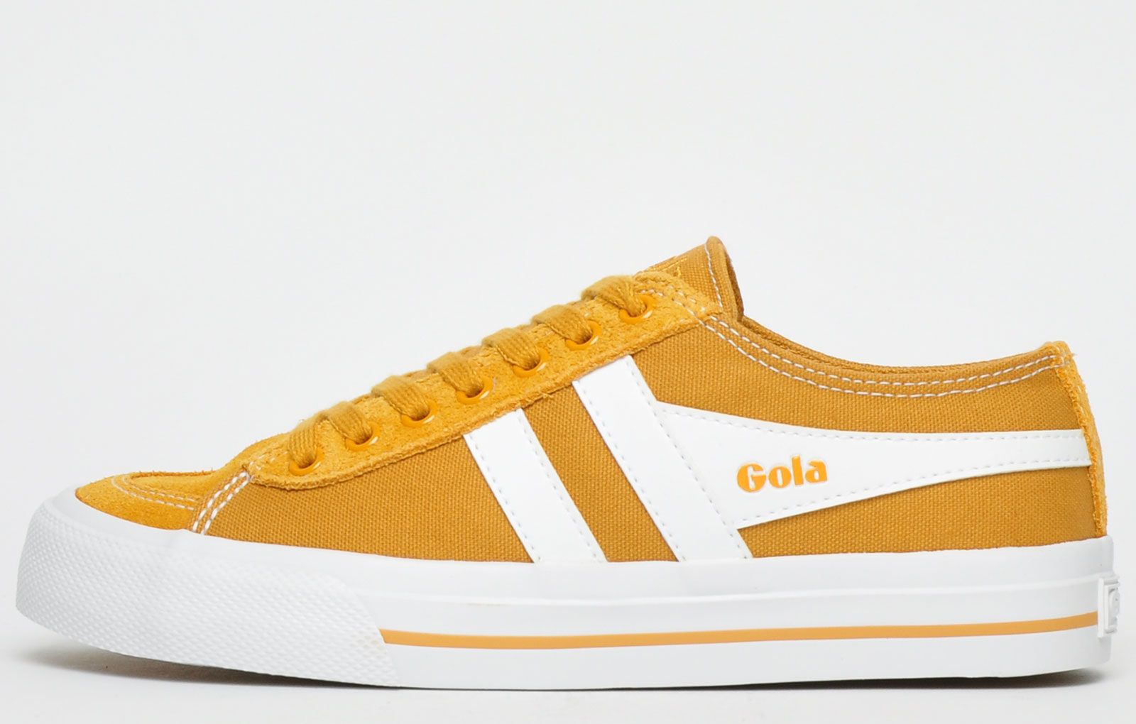 <p>These Gola Classics Quota II women’s girls trainers feature a timeless plimsol silhouette, delivering a touch of vintage charm to your casual footwear collection. A padded insole for that extra comfort along with a secure lace-up system for security delivers great everyday wear. Complete with a partial suede leather upper to add depth and even more character</p> <p>The Quota II is delivered in a robust canvas textile construction for a vintage retro style with a contrasting white Gola wingflash and on-trend deep foxing providing a classic style that will never go out of fashion.</p> <p> - Gola Classics plimsol silhouette</p> <p>- Secure lace up fastening</p> <p> - Canvas textile upper enhances ventilation.</p> <p>- Suede leather toe box and trims</p> <p>- Cushioned insole delivers a comfortable fit</p> <p> - Vulcanised sole</p> <p> - Gola Classics branding throughout</p>