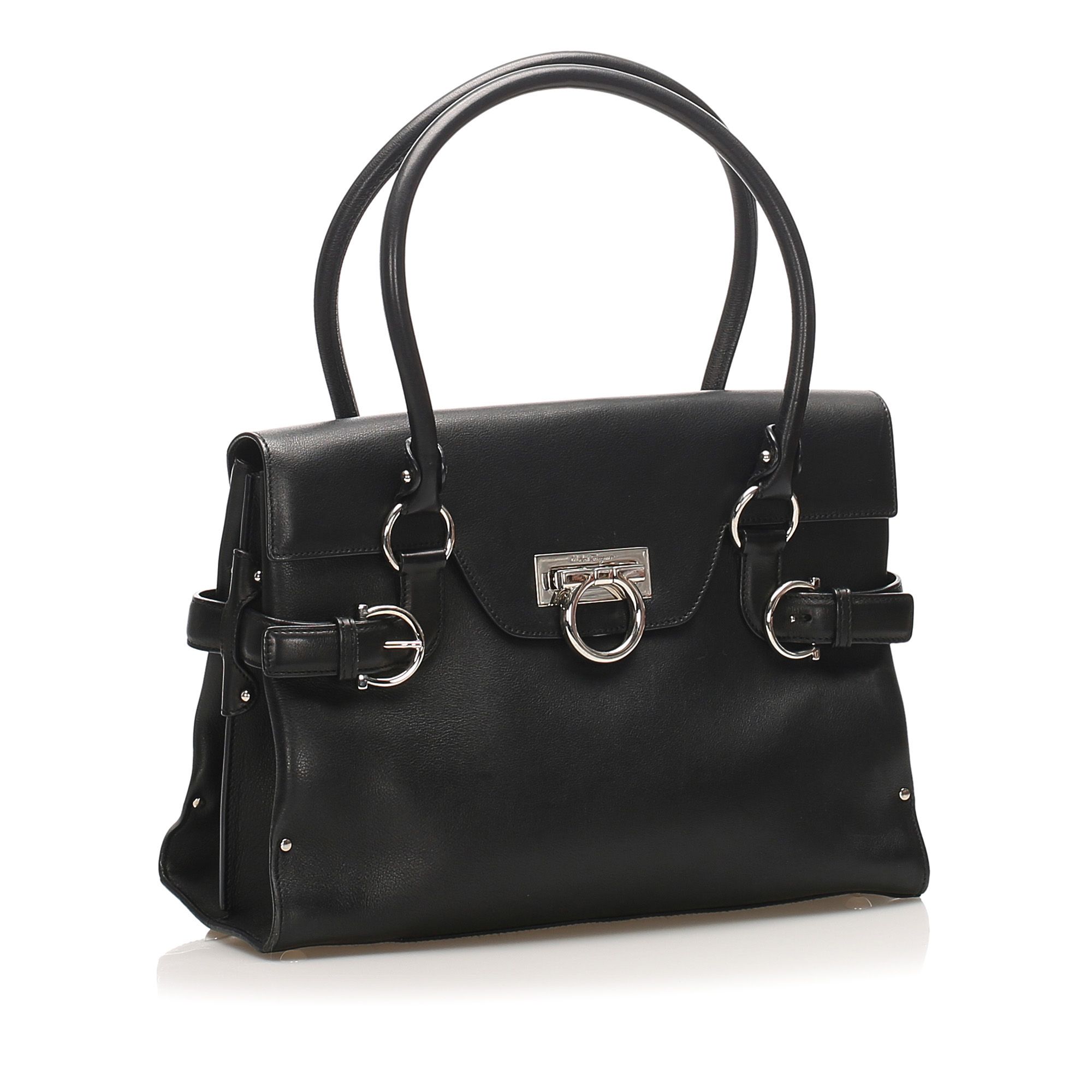 Vintage Ferragamo Gancini Leather Tote Bag Black