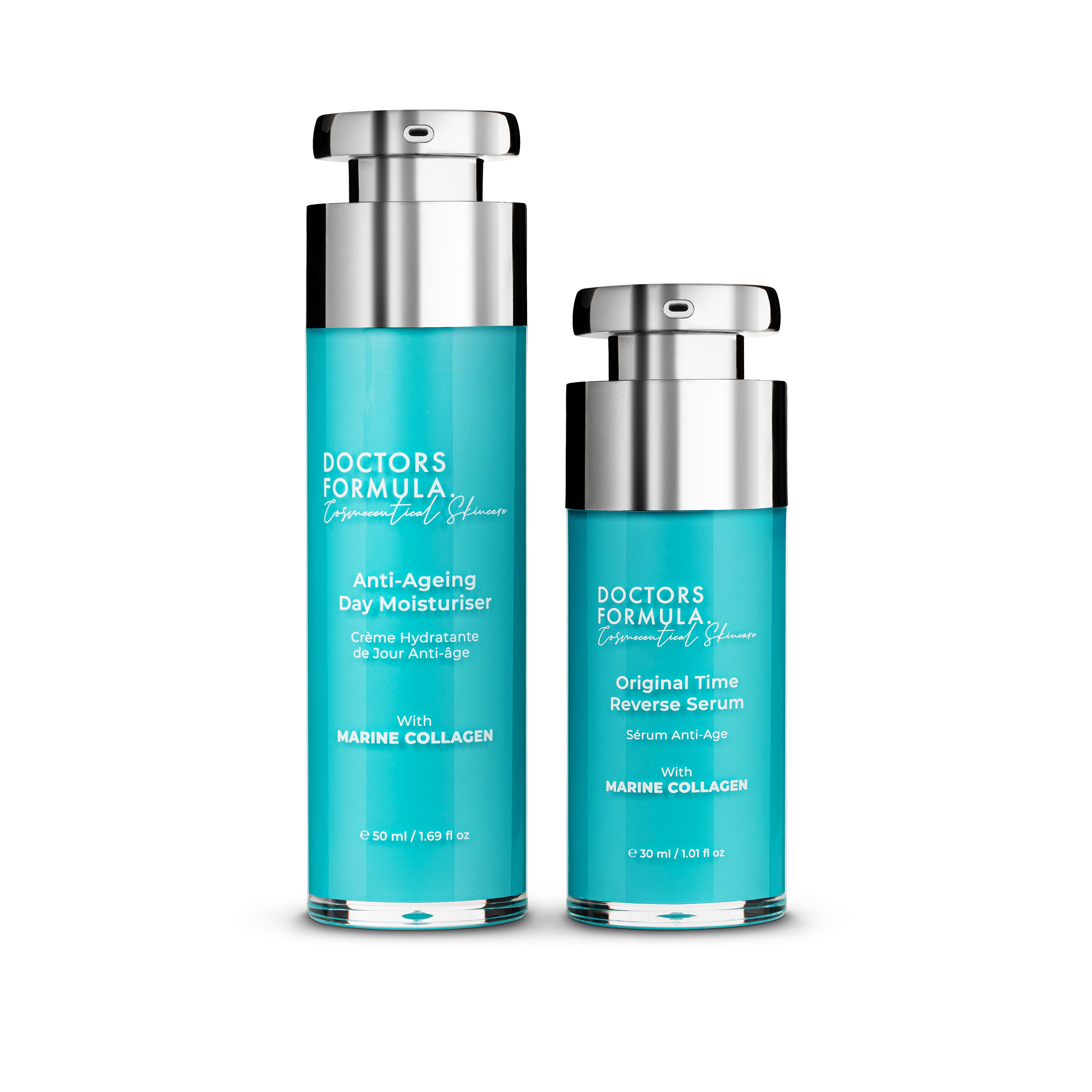 Our Marine Collagen range is predominantly focused on anti-ageing skincare. Our star ingredient, Marine Collagen Amino Acid, has numerous scientifically proven benefits on our skin.
It is the structural basis for healthy, youthful-looking skin as it supports our skin’s hydration, firmness and elasticity.

Marine Collagen peptides help renew skin’s ability to retain moisture and suppleness, while protecting itself from further damage resulting in loss of elasticity and firmness. Marine Collagen minimises the look of fine lines and wrinkles and therefore is the key ingredient behind our Anti-Ageing Range.

Composition of the Doctors Cosmeceutical Skincare Formula:
1 x Doctors Cosmeceutical Skincare Formula Original Time Reverse Serum 30ml. 
Our Original Time Reverse Serum is a unique blend of active ingredients such as Collagen Amino Acids, Soluble Collagen and Algae extract. Specially formulated to boost the skin firmness, plumpness and hydration for youthful looking skin.
Key Ingredients:
The Marine collagen amino acids hydrate the skin, working to prevent water loss and improve the suppleness of the skin.
The soluble collagen balances, nourishes and moisturises the skin.
The Algae extract brightens and smoothen the skin for a more even skin tone.
Usage:
Apply every morning and evening after cleansing.
100% Cruelty Free.
Ingredients: 
Aqua (Water), Carbomer, Glycerin, Benzyl Alcohol, Allantoin, PEG-7, Glyceryl Cocoate, Phenoxyethanol, Sodium Hydroxide, Disoudium EDTA, Dehydroaccetic Acid, Ethylhexylglycerin, Collagen Amino Acids, Parfum (Fragrance), Algae Extract, Soluable Collagen, Benzyl Salicylate, Sodium Benzoate, Potassium Sorbate, Hexyl Cinnamal, Aloe Barbadenisis Leaf Juice Powder, Limonene.

1 x Doctors Cosmeceutical Skincare Formula Marine Collagen Anti-Ageing Day Moisturiser 50ml.
Our Anti-Ageing Day Moisturiser is specially formulated to nourish and moisturise the skin. This day moisturiser also contains Collagen Amino Acids and Soluble Collagen to boost the skin’s firmness, plumpness and hydration.
Key Ingredients:
The Marine collagen amino acids used to hydrate the skin, working to prevent water loss and improve the suppleness of the skin.
The Soluble Collagen balances, nourishes and moisturises the skin.
The Complex of marine extracts hydrates the skin and boosts skin's barrier.
Usage:
Apply in the morning after the serum.
100% Cruelty Free.
Ingredients:
Aqua (Water), Glycerin, Glyceryl Stearte SE, Ceterryl Alcohol, Stearic Acid, Cocos Nucifera (Coconut Oil), Benzyl Alcohol, Isoceteth-20, Phenoxyethanol, Carbomer, Collagen Amino Acids, Allantoin, PEG-7, Glyceryl Cocoate, Disodium EDTA, Ethylhexylglycerin, Dehydroaccetic Acid, Sodium Hydroxide, Parfum (Fragrance), Soluable Collagen, Benzyl Salicylate, Gardenia Tahetenis, (Tiare Flower) Extract, Hydrolyzed Algin, Hexyl Cinnamal, Potassium Sorbate, Maris Aqua, Limonene, Chlorella Vulgaris Extract, Aloe Barbadenisis Leaf Juice Powder.