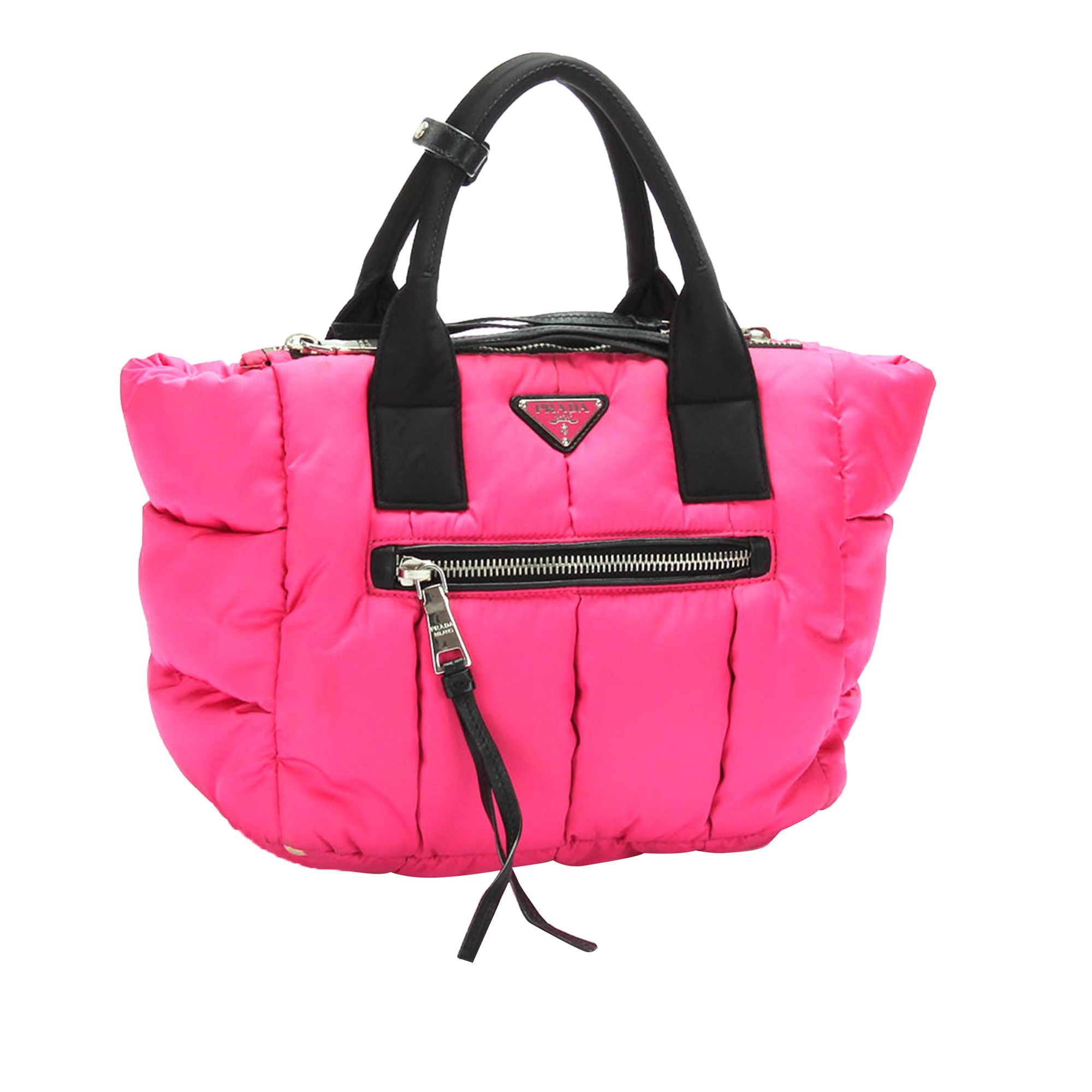 VINTAGE. RRP AS NEW. This satchel features a nylon body, an exterior front pocket, rolled handles, a detachable strap, and a top zip closure.
Dimensions:
Length 23cm
Width 30cm
Depth 20cm
Hand Drop 10cm
Shoulder Drop 65cm

Original Accessories: This item has no other original accessories.

Color: Pink x Black
Material: Fabric x Nylon
Country of Origin: Italy
Boutique Reference: SSU105564K1342


Product Rating: GoodCondition