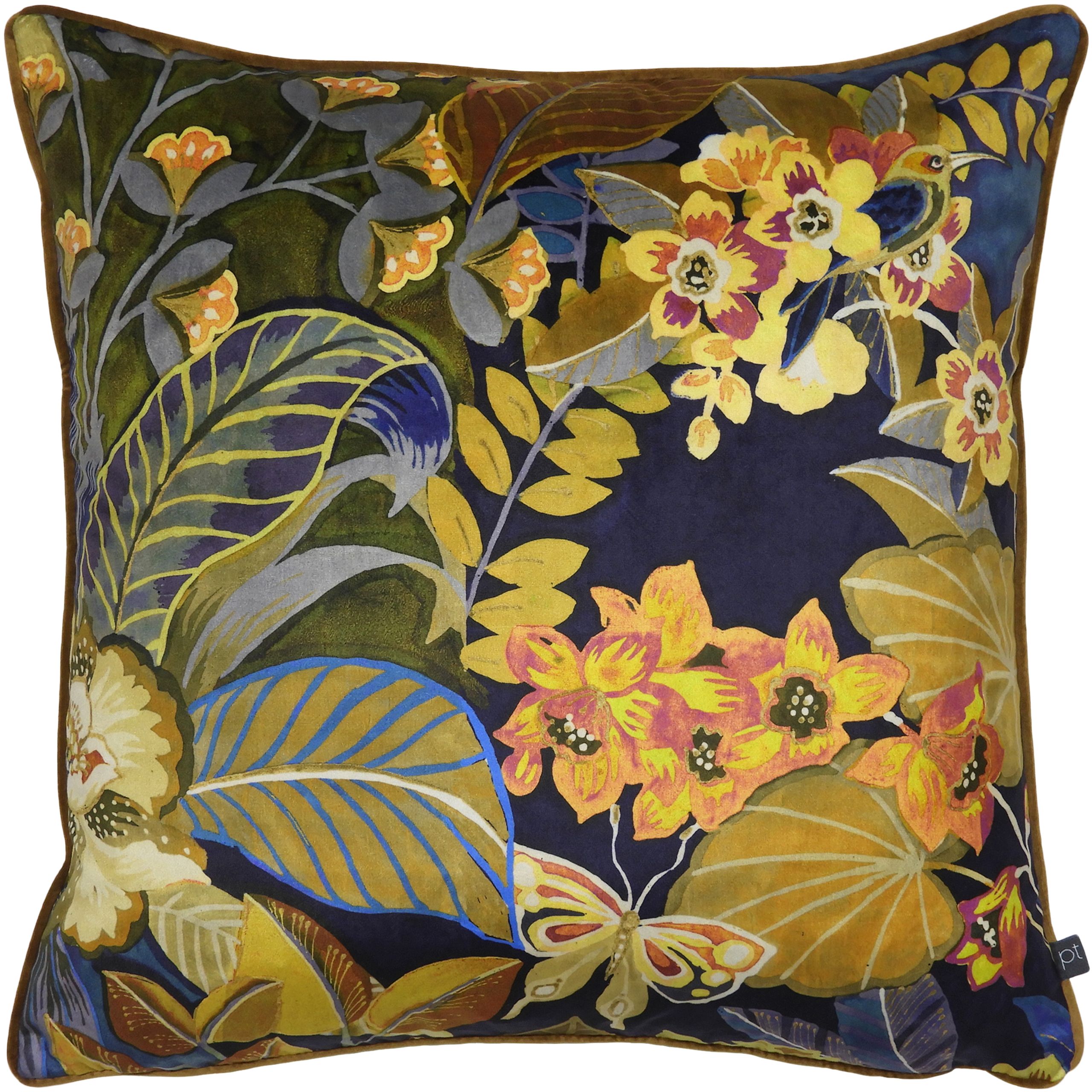Create a talking point with this dramatic pattern with bold colours.   Completed with a plain soft velvet contrast piped edging.
