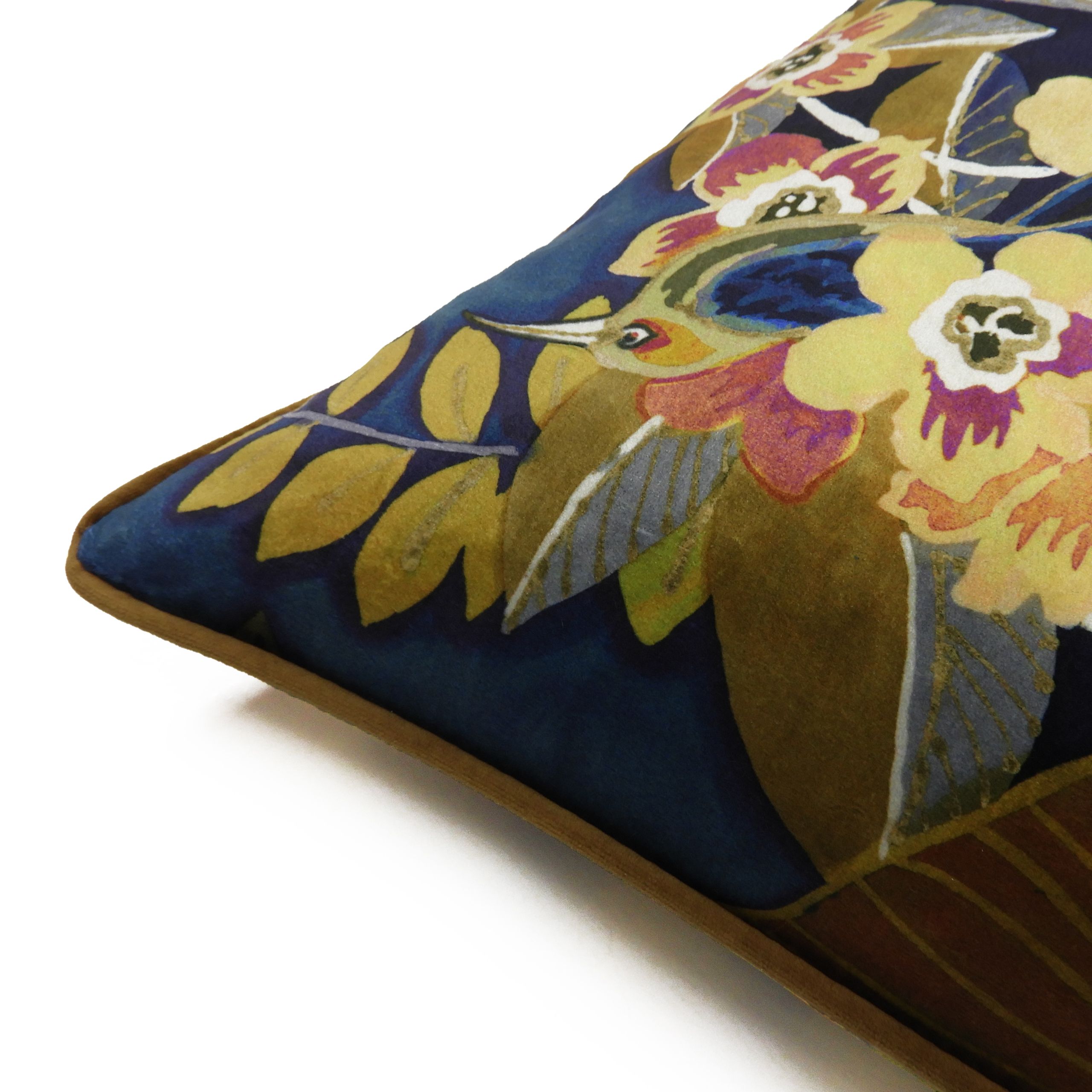 Create a talking point with this dramatic pattern with bold colours.   Completed with a plain soft velvet contrast piped edging.