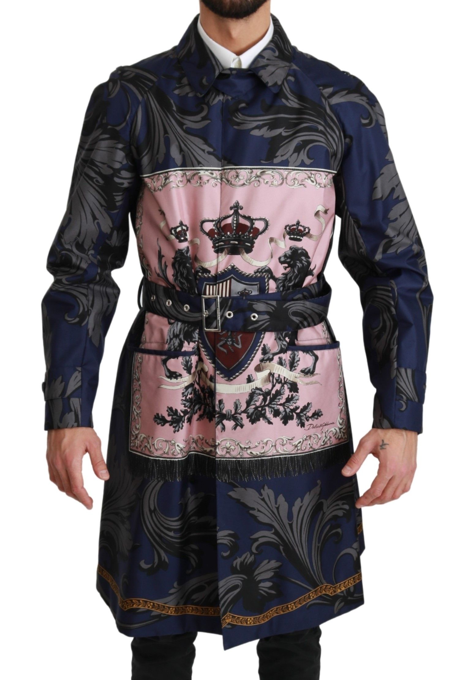 Dolce & Gabbana Blue Royal Crown Trenchcoat Silk Jacket