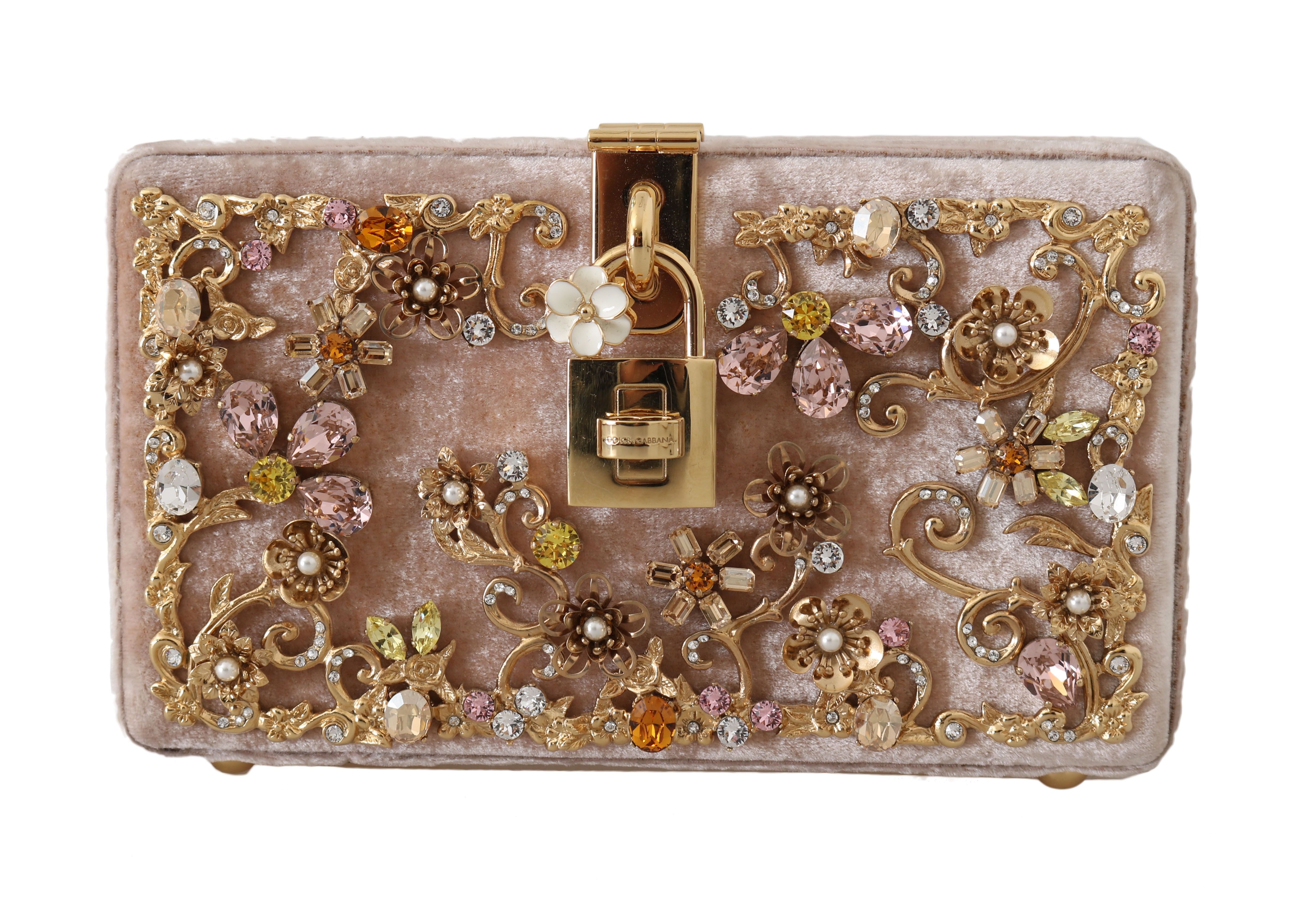 Dolce & Gabbana Pink Velvet Gold Baroque Crystal Clutch Purse