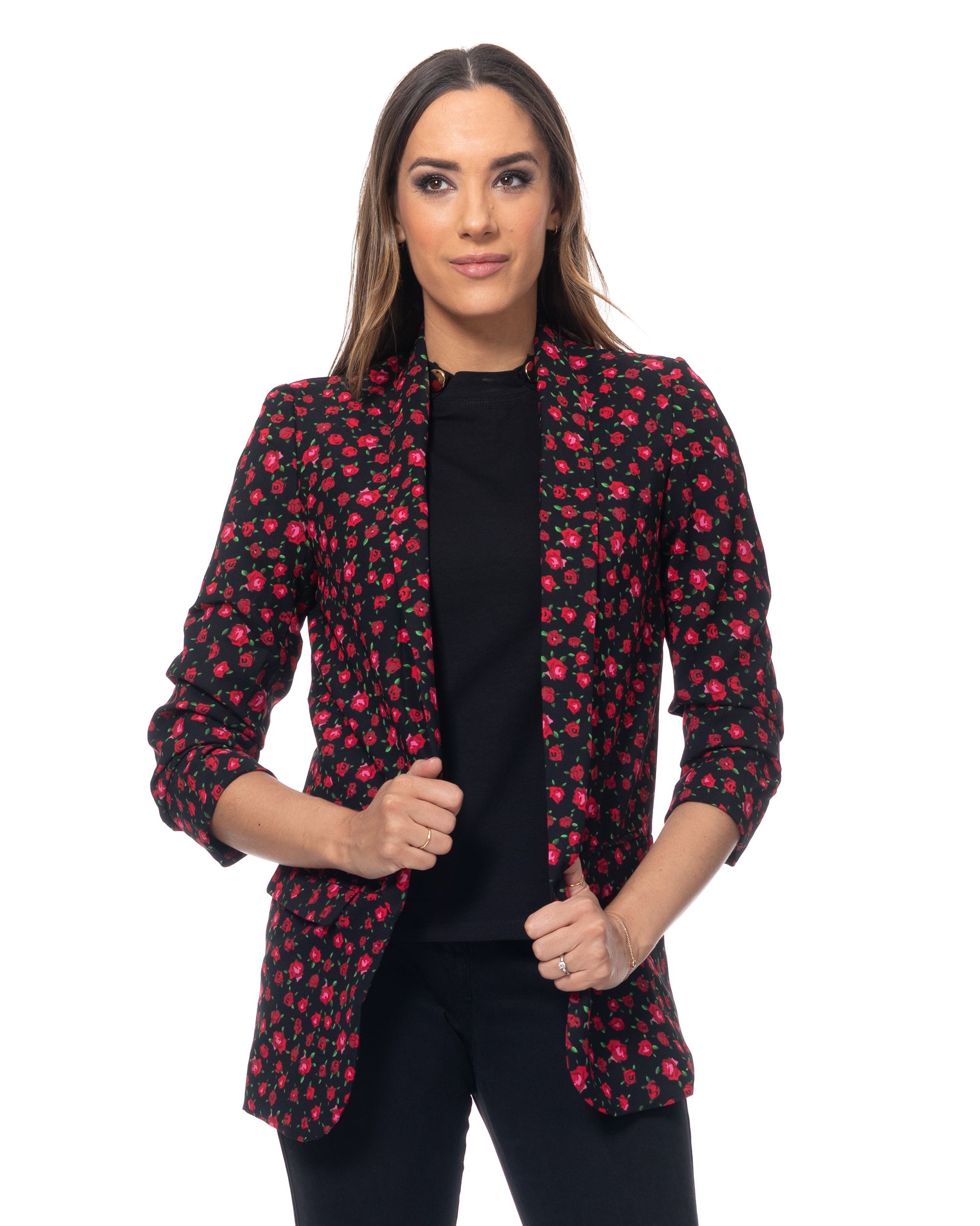 Flower print jacket with pockets and ruched sleeves