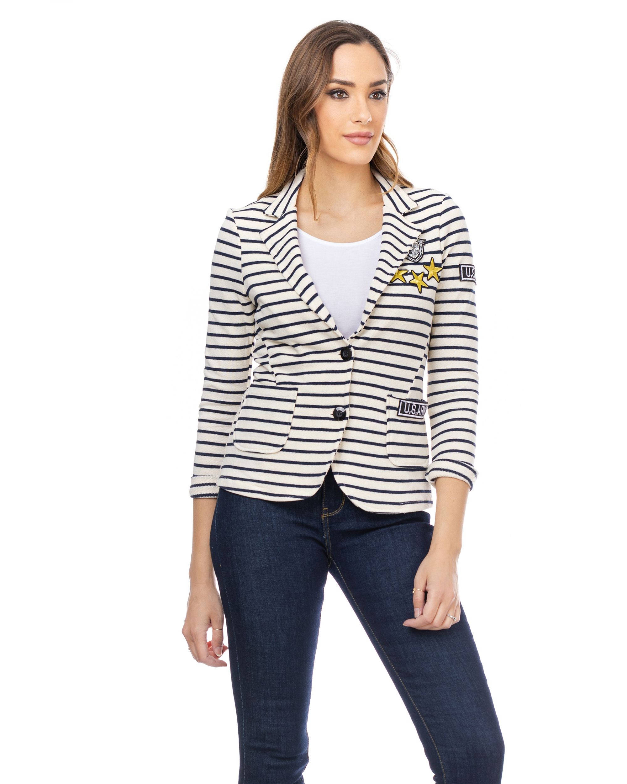 Striped jacket with buttons, pockets and stickers
