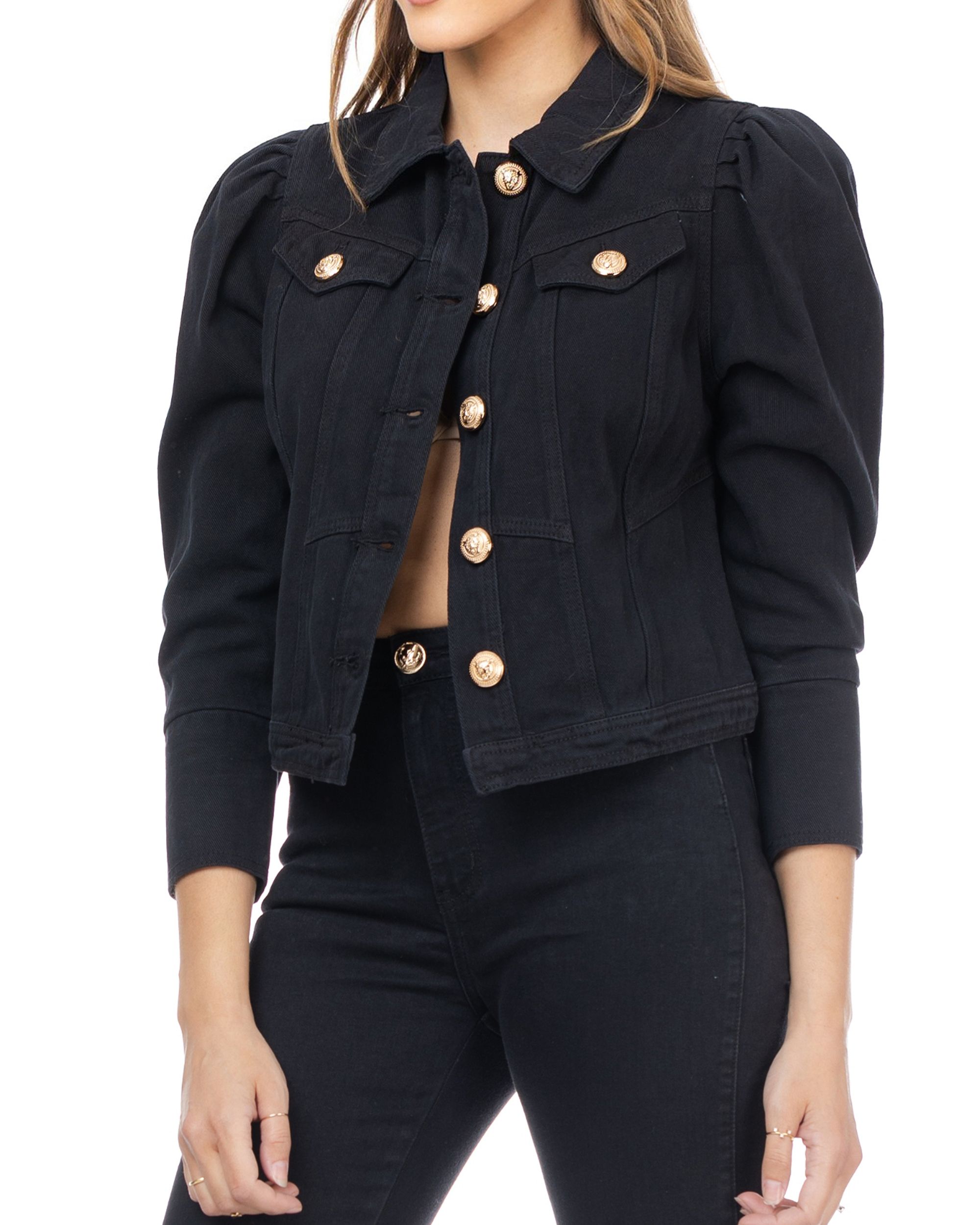 Black Denim Jacket With Gold Buttons
