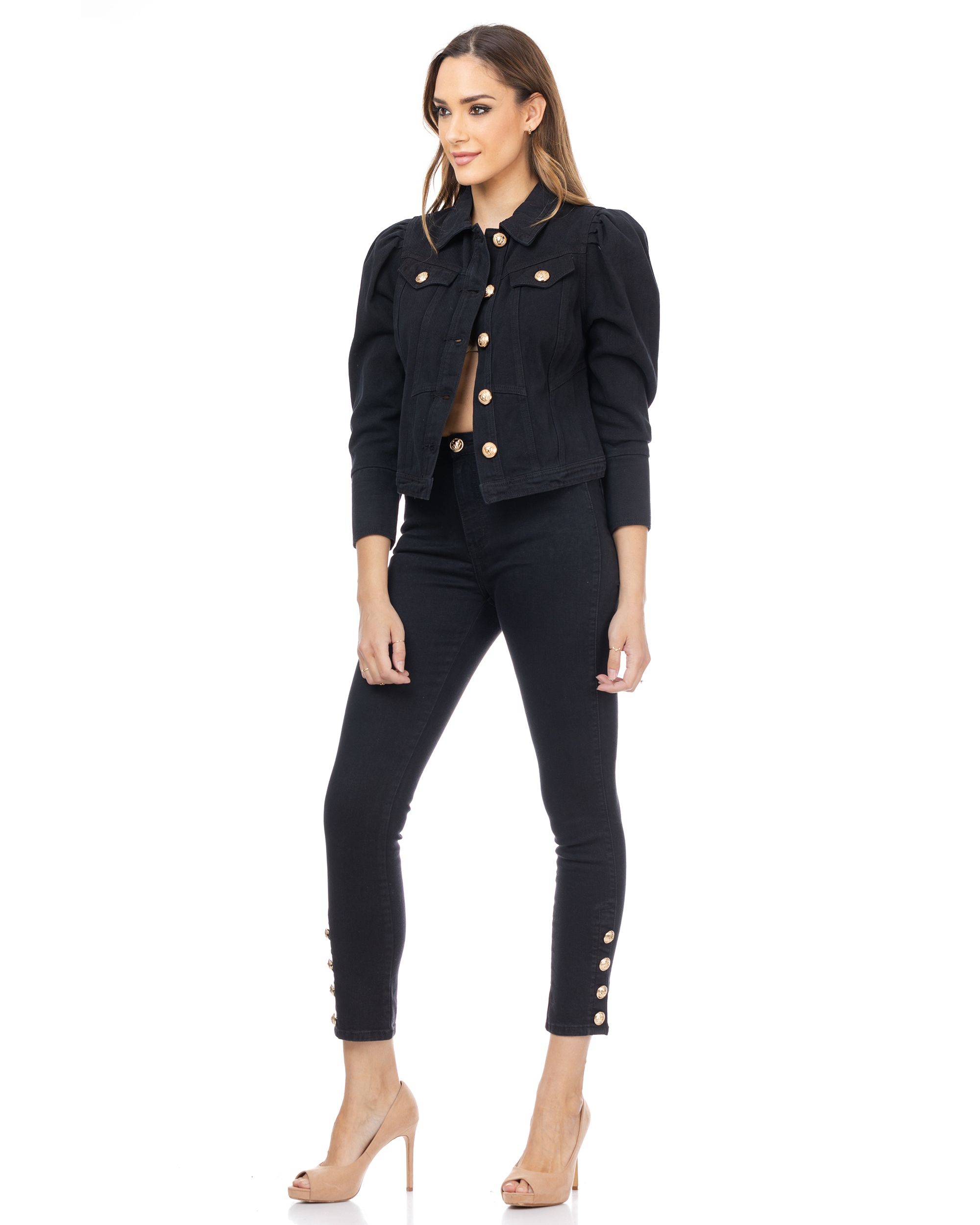 Black Denim Jacket With Gold Buttons