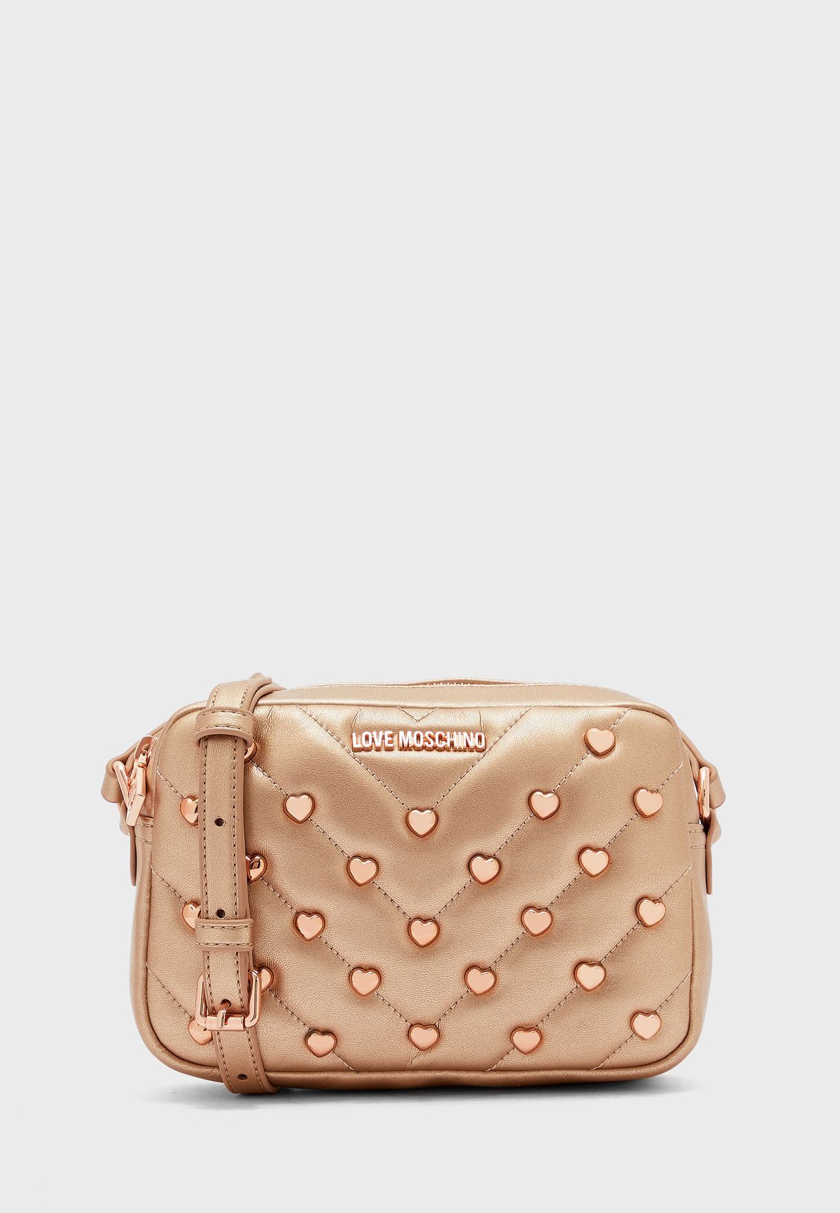 Love Moschino Love Heart Studded Crossbody Bag in Gold