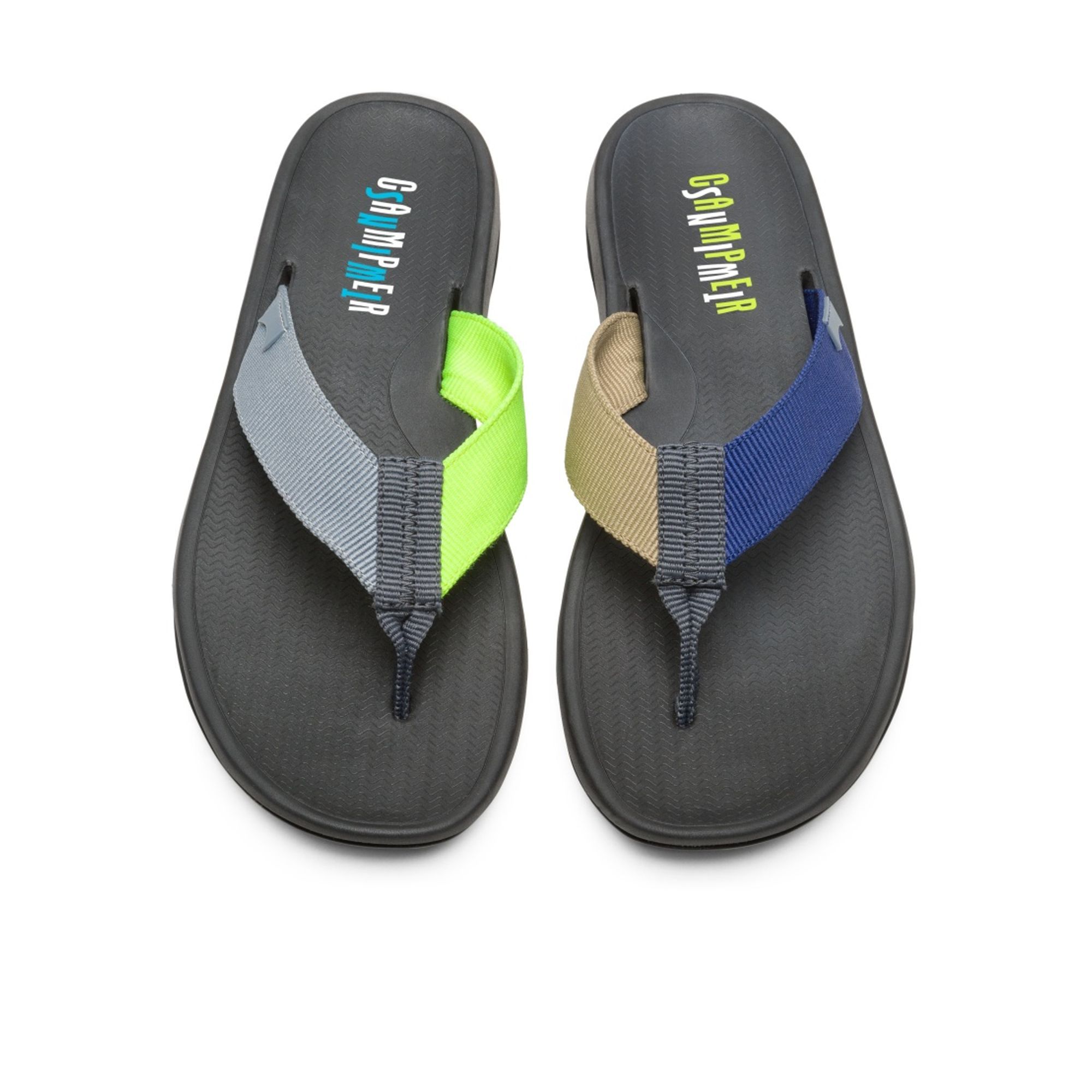 Men’s gray, neon yellow, navy and beige textile sandal.

Our classic TWINS concept — opposite yet complementary — lives on in these mismatched men’s shoes that form a truly unique pair.