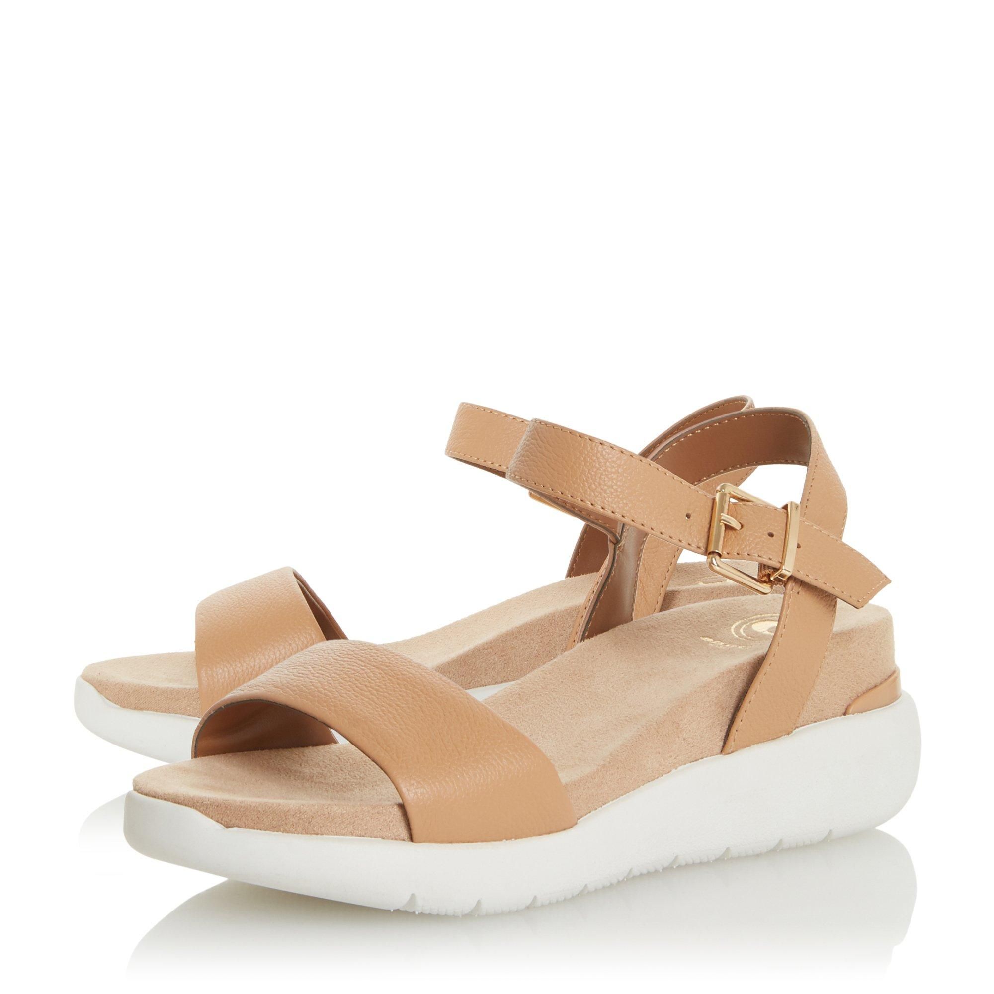 Upgrade your everyday summer style with this sandal from Dune London. Resting on a contrasting flatform heel for a modern finishing touch. It works textured straps and is secured with an ankle buckle fastening.