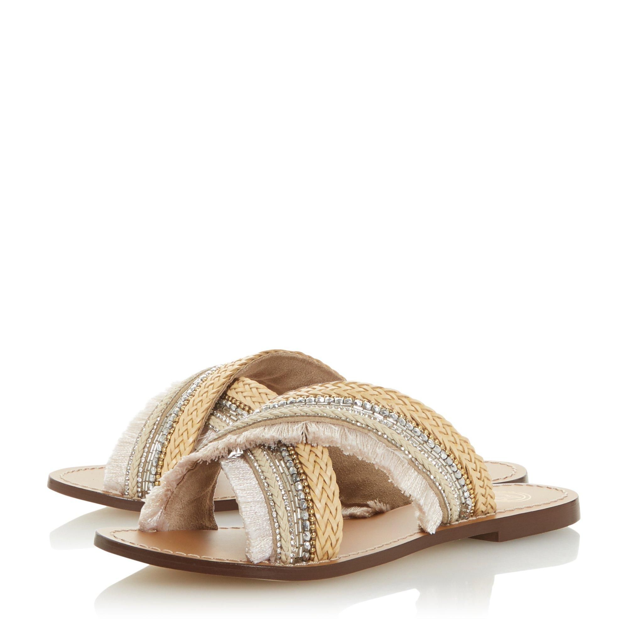 Upgrade your casual footwear with this sandal from Dune London. Showcasing an embellished fringed detail at the upper. The crossover straps and flat sole complete the design.