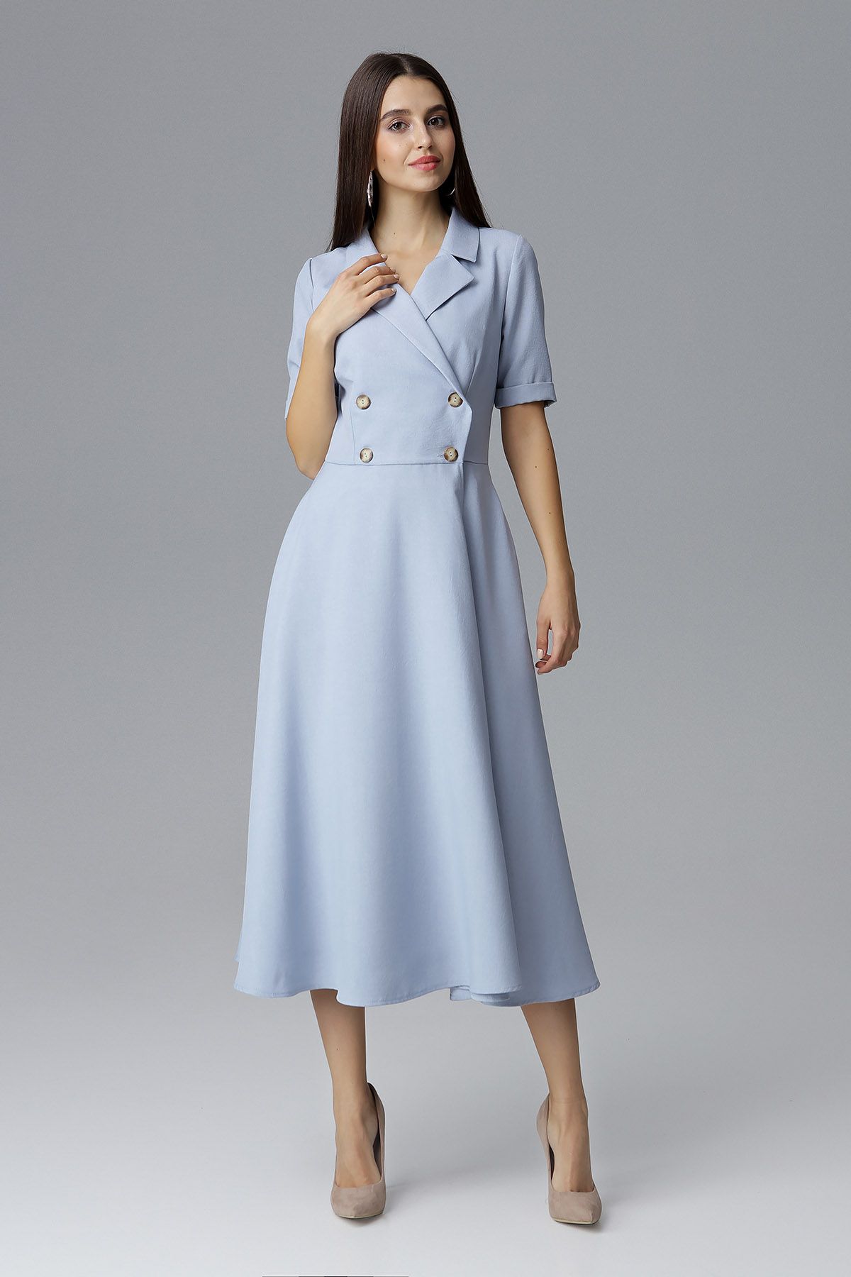 Blue Double-Breasted Midi Dress